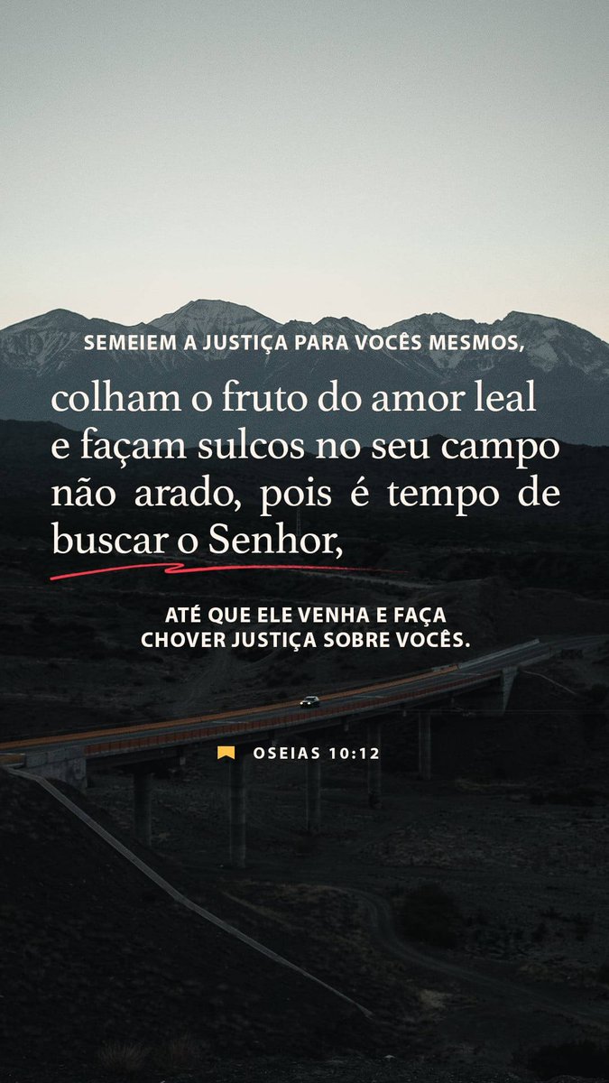 FrsEmunah's tweet photo. Bom dia,

Oseias 10:12 NVT
[12] Eu disse: ‘Plantem boas sementes de justiça e terão uma colheita de amor. Arem o solo endurecido de seu coração, pois é hora de buscar o Senhor, para que ele venha e faça chover justiça sobre vocês’.

https://t.co/ClZPuNZFQ9 https://t.co/1gKHqNqJ73