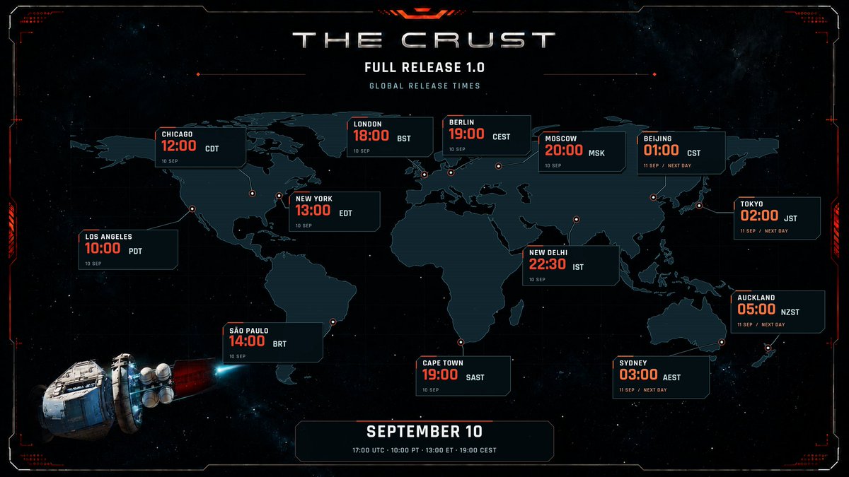 TheCrustGame's tweet photo. 1.0 is coming!!
Less than 8 hours until the 1.0 release - we're so excited!! There's been such a huge amount of effort put into the release, we can't wait for you to get your hands on it :)
If you want to celebrate the launch with us and dive into 1.0 the moment it drops, be sure to check out the global launch times map below that our team made!

More details: 
https://t.co/1CHIQfcxvo
