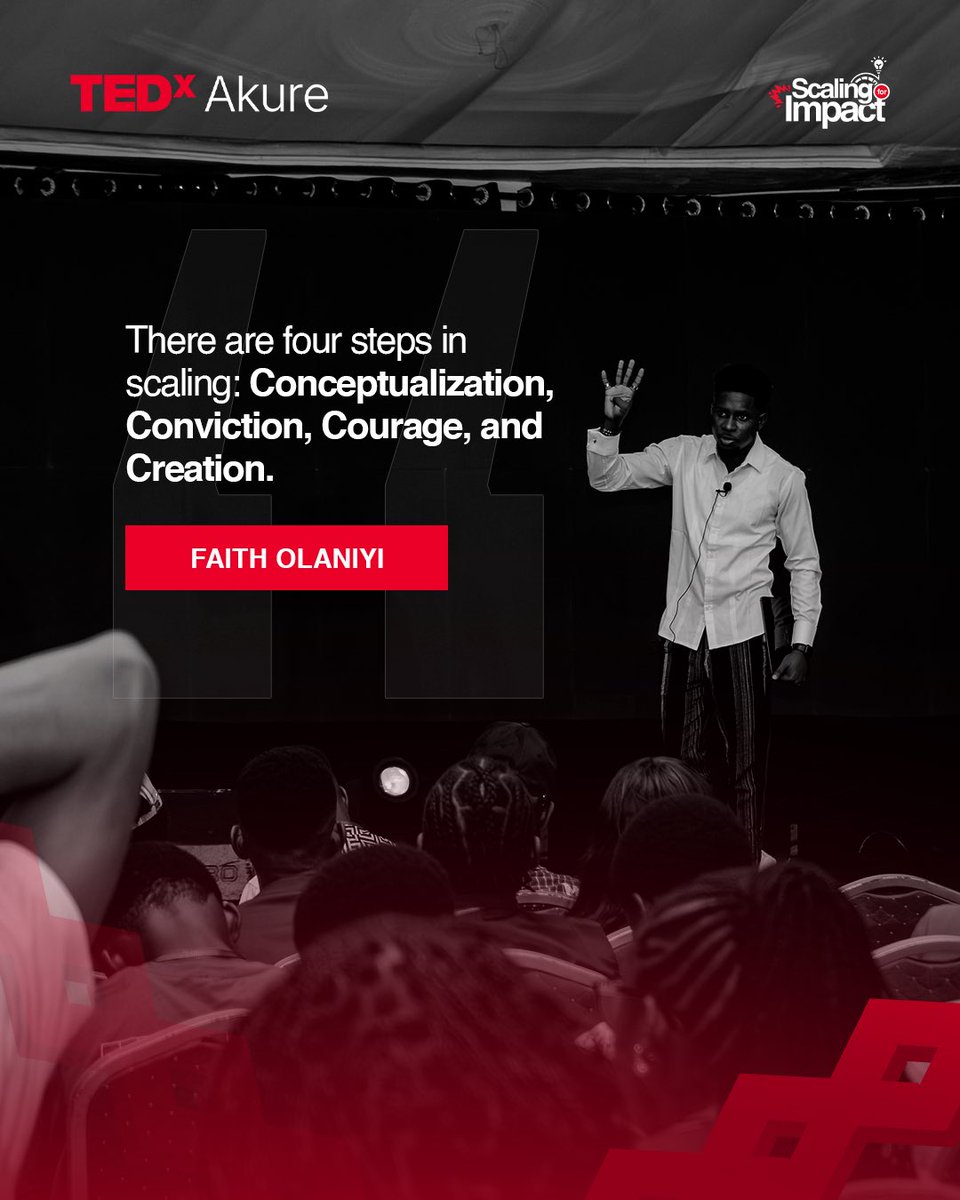 _tedxakure's tweet photo. Nobody scales by accident.
Faith Olaniyi says itβs 4 steps: Conceptualization, Conviction, Courage, Creation. Miss one and the whole structure wobbles.
Which one are you stuck on?
#TEDxAkure #TEDxAkure2026 #ScalingForImpact https://t.co/Y1kI6IZvaV