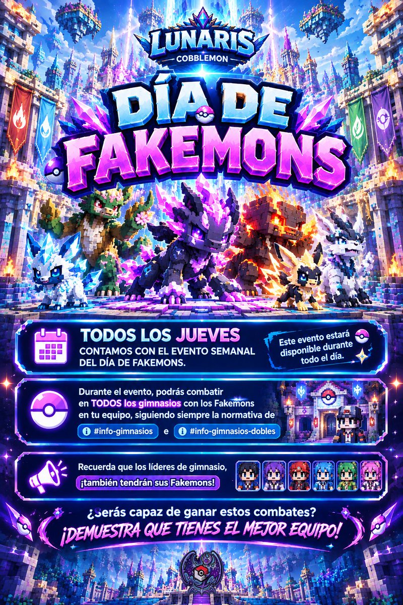 lunariscobble's tweet photo. HOY ES DÍA DE FAKEMONS! 🔥

Conoce nuestros más de 100 fakemons y ponlos a prueba en el competitivo de Lunaris! 🥊

Te esperamos 🤝

#cobblemon #fakemon #pokemon #minecraftㅤ https://t.co/ha83NEDfiE