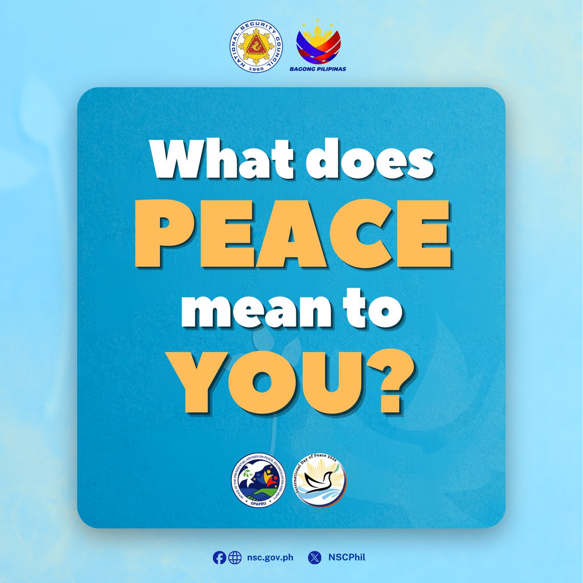 NSCPhil's tweet photo. Peace can look different for each of us. It can be a safe home, a listening ear, understanding, or simply choosing kindness.
So, what does peace mean to you? Drop a comment below!
#LetsPauseForPeace
#InternationalDayofPeace2026
#NPCM2026
#NationalPeaceConsciousnessMonth https://t.co/ZsPbxcPVKG
