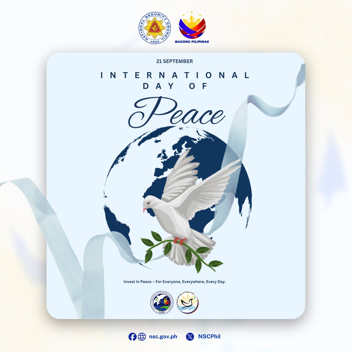 NSCPhil's tweet photo. Today, we pause for peace 🕊️
On this International Day of Peace, let us remember that peace begins with the choices we make, with the words we speak, the understanding we extend, and the hands we reach out to.
#LetsPauseForPeace
#InternationalDayOfPeace2026
#NPCM2026
@peacegovph https://t.co/0iSlwc4LMF