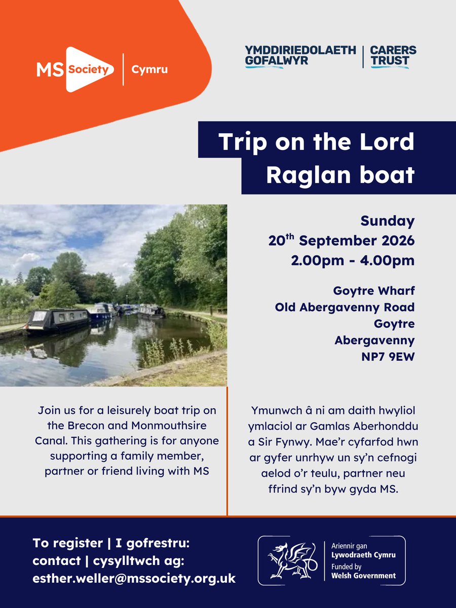 mscymru's tweet photo. ⛵ Fancy a relaxing boat trip?
Join us for a leisurely trip on the Brecon and Monmouthshire Canal aboard the Lord Raglan 

📅 Sunday 20th September
🕑 2:00 – 4:00pm
📍 Goytre Wharf, Old Abergavenny Road, Goytre, Abergavenny NP7 9EW
📧 esther.weller@mssociety.org.uk https://t.co/mGMYqblJG2