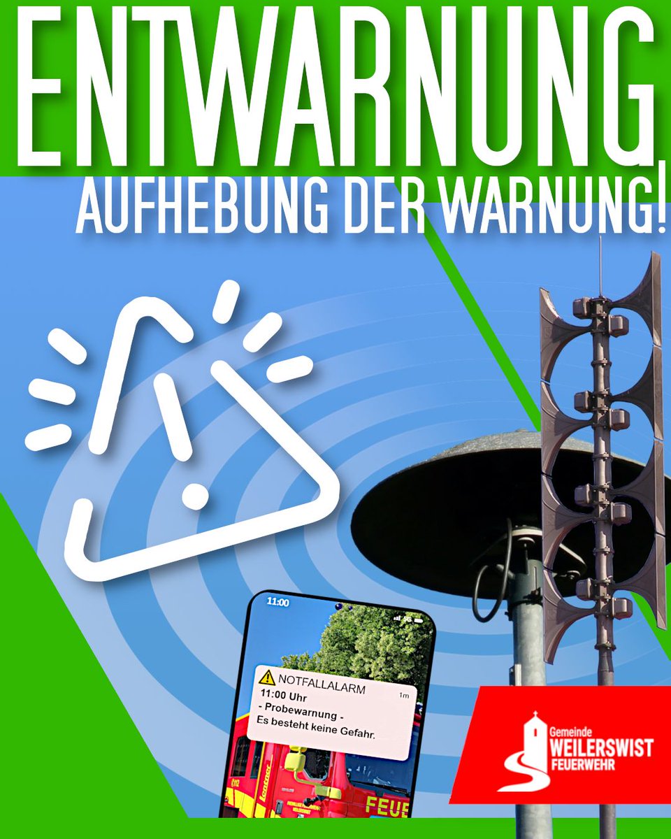 ffwweilerswist's tweet photo. +++ PROBEALARM: ENTWARNUNG +++

Das ist die Entwarnung und das Ende des Warntag2026.

**Es besteht keine Gefahr für die Bevölkerung.**

Indos zu Sirenensignale: https://t.co/O5NYUT2ggf

#feuerwehrweilerswist #5einheiteneinefeuerwehr #warntag2026 #WarnMixFürDeutschland #sirenen https://t.co/Bs4cSNHZBH