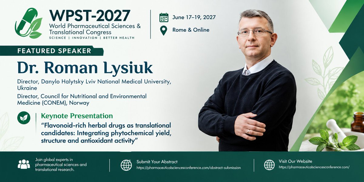 Pharma_Event's tweet photo. 🌿Spotlight on Dr. Roman Lysiuk at WPST-2027!
We are pleased to feature Dr. Roman Lysiuk, Director at Danylo Halytsky Lviv National Medical University, Ukraine, and CONEM, Norway.
📅June 17–19, 2027📍Rome &amp; Online
📢 Abstracts: https://t.co/cqeLG9m3xy
#RomanLysiuk #Pharmacognosy https://t.co/3tIIyZhyTP