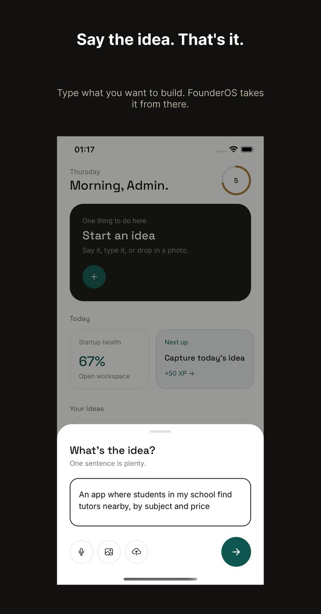 christian_siku's tweet photo. What if one minute could take you from:

“I have an idea” 💡 to “I have a startup workspace.”

Research. Validate. Score. Brand. Plan. Build.

That’s the idea behind FounderOS.

Would you use it? 👀

Stay tuned ... we can't build without you 

#FounderOS #BuildInPublic #Shipaton https://t.co/VUxgXn6oGW
