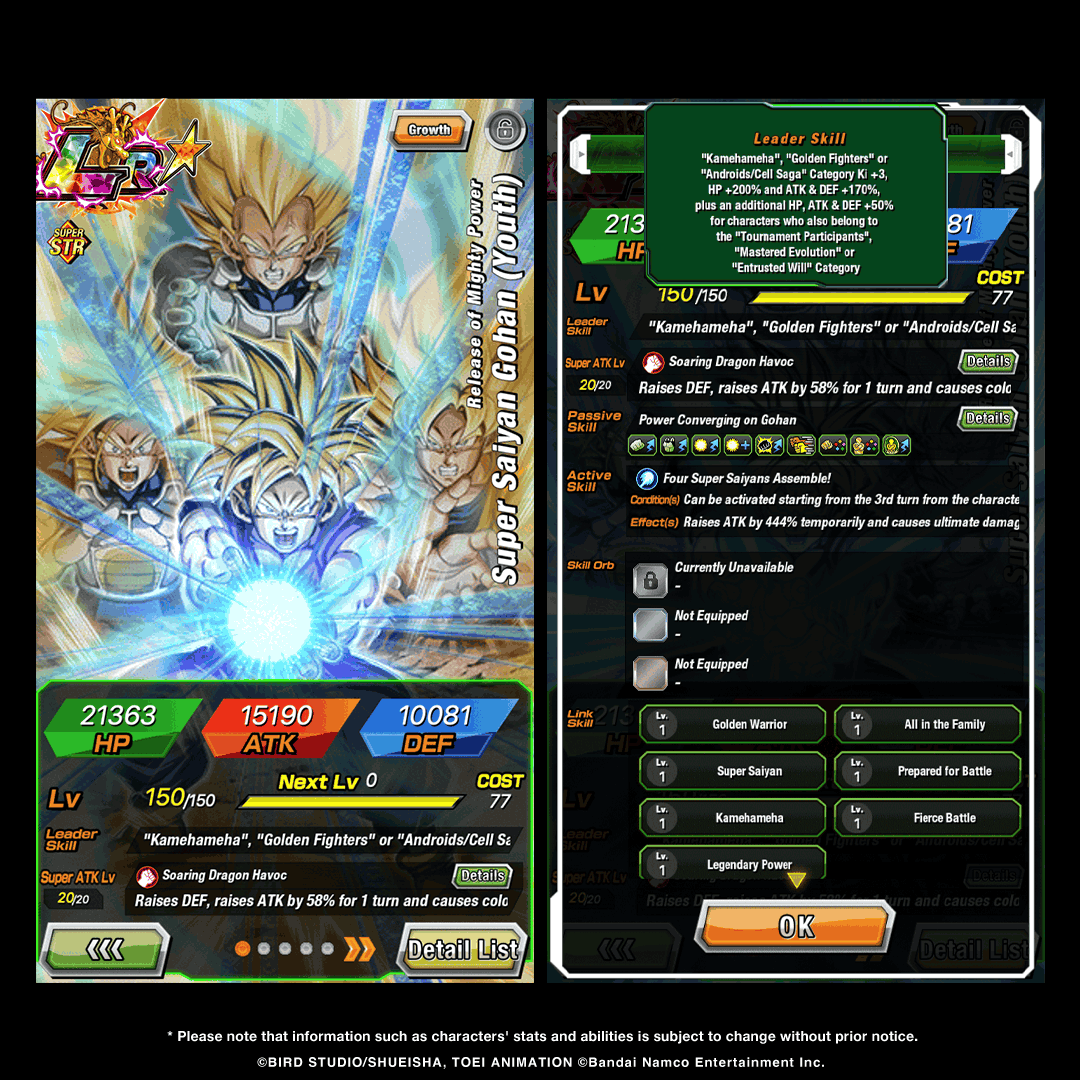 dokkan_global's tweet photo. First-hand information on LR [Release of Mighty Power] Super Saiyan Gohan (Youth)'s stats! (1/2) https://t.co/YzafyQgNVf
