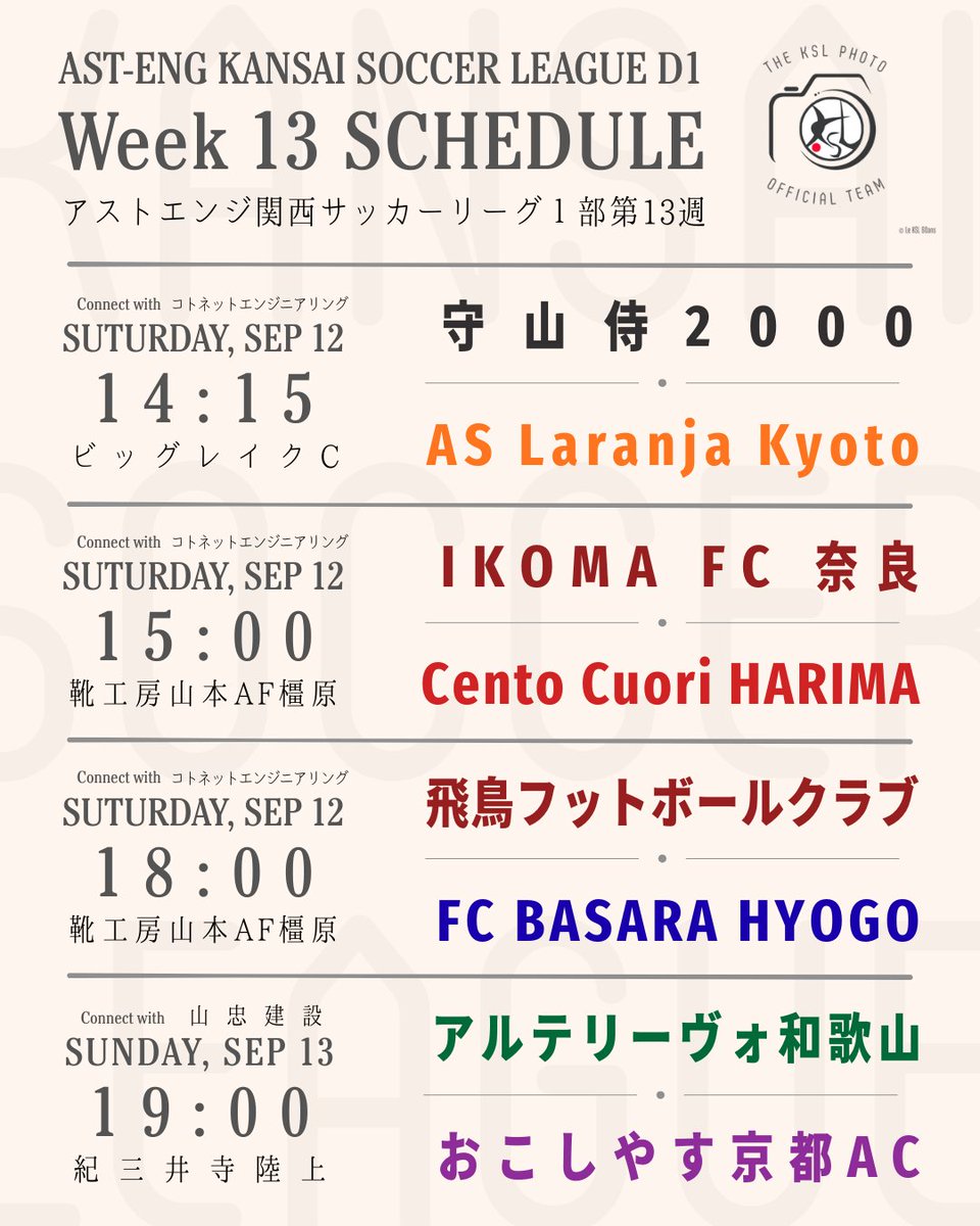 kslPhototeam's tweet photo. 📢アストエンジ関西サッカーリーグ1部
第13節のお知らせ📢
9/12(土)〜9/13(日)、4試合開催⚽️
シーズン残りは2試合🔥
優勝争い、残留争いのクライマックスを楽しもう!
各会場で熱い応援をよろしくお願いします🙇
#kansaisl #アストエンジ https://t.co/QyzSXycTDc
