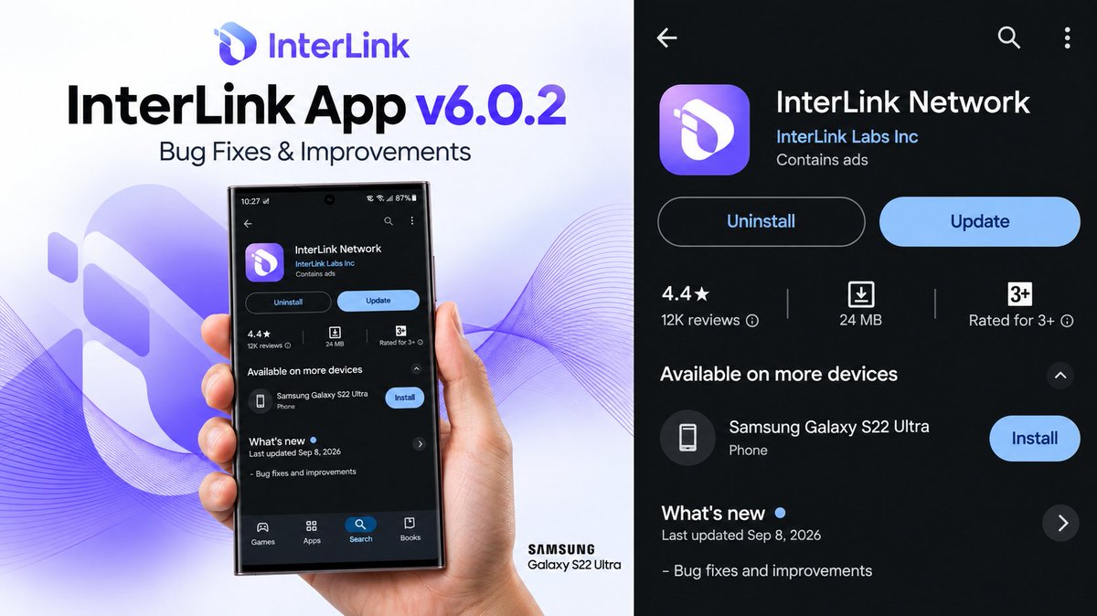 OwaisAnwar072's tweet photo. 🚀 NEW INTERLINK UPDATE JUST DROPPED 🚀

v6.0.2 is now rolling out!

Every update matters.
Every improvement counts.
Every release brings us one step closer to the next phase of InterLink. 🔥

⚡ Faster
🛡️ More stable
🔧 Better optimized
📱 Smoother than ever

Update your app now and stay ahead of the crowd.

The people paying attention today could be the ones benefiting tomorrow. 👀

#InterLink #ITL #ITLG #Linkers