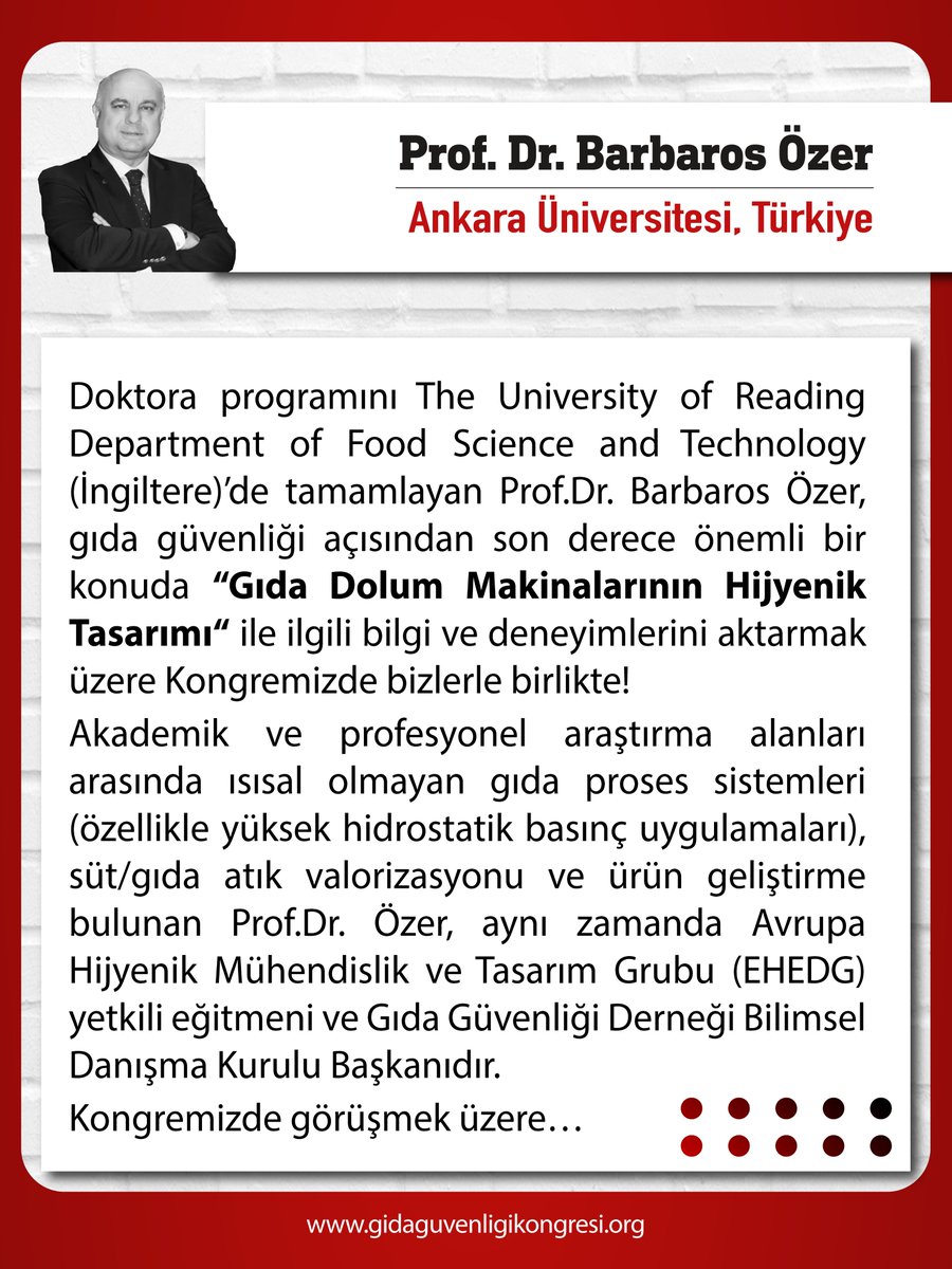 GidaGuvenligi's tweet photo. Gıda Güvenliği Derneği Bilimsel Danışma Kurulu Başkanı Prof. Dr. Barbaros Özer, gıda güvenliğinde kritik öneme sahip "Gıda Dolum Makinalarının Hijyenik Tasarımı" başlığıyla kongremizde.

📅 5-6 Kasım 2026 | İstanbul
🌐 https://t.co/qfeRoFaVwz https://t.co/7lRLleyUoR