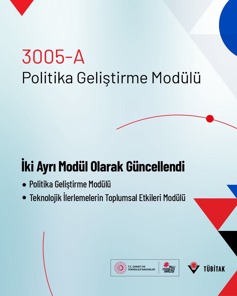 Tubitak's tweet photo. 3005 Sosyal ve Beşeri Bilimlerde Yenilikçi Çözümler Araştırma Projeleri Destek Programı Güncellendi 📢

Yapılan çalışmalar neticesinde program;

📄 3005-A Politika Geliştirme Modülü
📈 3005-B Teknolojik İlerlemelerin Toplumsal Etkileri Modülü

olmak üzere iki modüle ayrıldı.

Detaylar: 👇
https://t.co/lKkc6mpUev