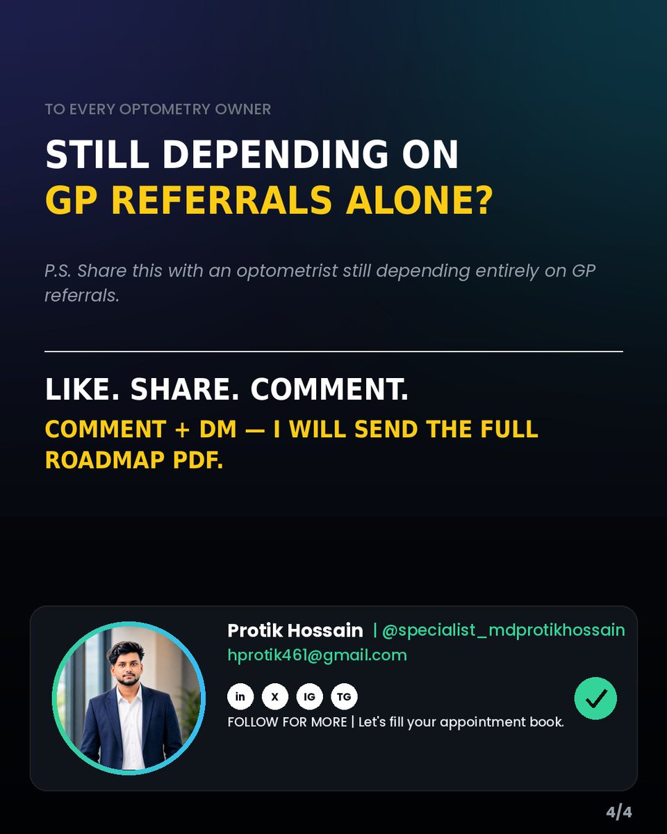 mdprotikhossain's tweet photo. Optometry owners — what do patients find when they search your services online?

Comment below — DM I will send you the full roadmap PDF. 

#OptometryMarketing #EyeCare #LocalSEO #GoogleMyBusiness #HealthcareMarketing #RevenueArchitecture #GrowthStrategy https://t.co/GodOim3dPn