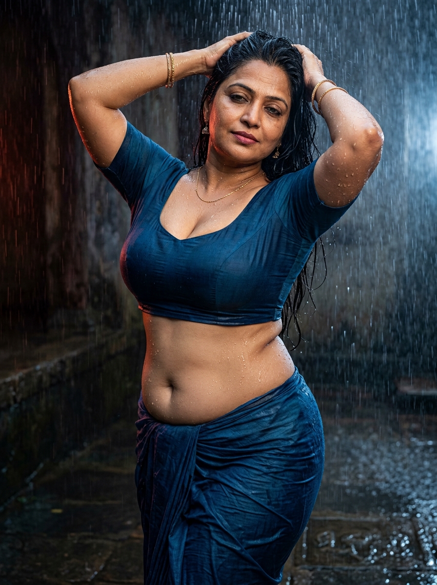 binary01010101's tweet photo. Please give us a Like and follow  to receive more exciting  stuff
AI
{
  "prompt": {
    "scene_type": "ultra_photorealistic_mature_indian_rain_soaked_blue_outfit_editorial",

    "subject_identity": {
      "type": "fictional adult Indian woman with no real-world identity",
      "ethnicity": "Indian",
      "age_appearance": "late 40s to early 50s",
      "overall_appearance": "beautiful mature Indian woman with a thick, soft, voluptuous feminine physique, very large full natural bust, very deep pronounced cleavage, soft mature abdomen, very wide rounded hips, very thick thighs, realistic mature anatomy, natural skin texture, wet hair and confident sensual presence"
    },

    "body_reference_lock": {
      "priority": "absolute maximum",
      "instruction": "Keep the woman distinctly thick, soft, mature, substantial and voluptuous. Do not reinterpret her as slim, petite, lean, athletic or fashion-model proportioned.",

      "bust": {
        "size": "very large, very full and naturally heavy",
        "shape": "broad soft naturally rounded mature volume",
        "projection": "strong natural forward fullness",
        "cleavage": "very deep pronounced natural cleavage emphasized by the soaked low-cut blouse",
        "gravity": "realistic mature softness and natural weight",
        "important": [
          "do not reduce bust volume",
          "do not flatten chest",
          "do not make cleavage shallow",
          "do not raise neckline",
          "do not make bust unnaturally firm"
        ]
      },

      "waist": {
        "shape": "defined but naturally thick"
      },

      "abdomen": {
        "shape": "soft relaxed mature abdomen",
        "details": [
          "natural lower-belly fullness",
          "soft waist folds",
          "natural navel",
          "subtle stretch marks",
          "age-appropriate soft tissue"
        ]
      },

      "hips": {
        "width": "very wide rounded hips",
        "shape": "strong natural outward flare"
      },

      "thighs": {
        "size": "very thick substantial thighs",
        "shape": "full inner and outer thigh volume"
      },

      "arms": "soft full mature upper arms",

      "realism": [
        "natural gravity",
        "realistic mature soft tissue",
        "subtle stretch marks",
        "mild cellulite where natural",
        "natural asymmetry",
        "realistic wet-fabric compression",
        "water droplets following body contours"
      ]
    },

    "pose_rule": {
      "priority": "absolute maximum",
      "instruction": "Do not place the woman simply standing upright in the middle. Use an active rain-soaked pose with both arms raised into the wet hair, torso slightly twisted, one shoulder higher than the other, hips shifted strongly to one side, one knee bent, and the upper body leaning slightly backward into the falling water."
    },

    "pose": {
      "primary_pose": "standing under a strong overhead water stream or outdoor shower while lifting wet hair with both hands",

      "torso": {
        "orientation": "three-quarter toward camera",
        "lean": "slightly backward",
        "twist": "subtle twist through waist"
      },

      "arms": {
        "left_arm": "raised above head with hand gripping wet hair near crown",
        "right_arm": "raised behind head with fingers running through soaked hair",
        "elbows": "angled outward asymmetrically"
      },

      "hips": {
        "position": "shifted strongly toward camera-left",
        "important": "retain very wide rounded hip silhouette"
      },

      "legs": {
        "stance": "asymmetrical",
        "front_leg": "slightly bent",
        "rear_leg": "weight-bearing",
        "important": "retain very thick thigh volume"
      },

      "head": {
        "tilt": "slightly backward and toward one shoulder",
        "gaze": "eyes half-closed or looking slightly downward"
      },

      "expression": "calm mature sensual expression with relaxed lips"
    },

    "face_and_hair": {
      "face": {
        "shape": "soft oval mature Indian face with natural cheek fullness",
        "eyes": "dark brown almond-shaped eyes with subtle kajal and slightly wet smudged eyeliner",
        "eyebrows": "dark naturally shaped mature brows",
        "nose": "natural Indian nose",
        "lips": "full muted berry-rose lips",
        "expression": "relaxed, confident and sensual"
      },

      "age_details": [
        "subtle forehead lines",
        "fine eye-area lines",
        "natural under-eye texture",
        "slight nasolabial folds",
        "realistic mature facial softness",
        "no de-aging"
      ],

      "hair": {
        "color": "deep black",
        "length": "long",
        "state": "fully soaked",
        "style": "wet hair flowing down back and over one shoulder",
        "texture": "realistic wet clumping, individual strands and water trails"
      }
    },

    "skin": {
      "tone": "warm medium golden-brown Indian complexion",
      "texture": "highly realistic mature wet human skin",

      "details": [
        "visible pores",
        "fine peach fuzz",
        "minor pigmentation variation",
        "natural chest texture",
        "soft abdomen texture",
        "natural arm texture",
        "natural thigh texture",
        "subtle stretch marks",
        "small authentic imperfections"
      ],

      "wetness": [
        "hundreds of tiny droplets over shoulders and upper arms",
        "thin water rivulets across chest",
        "droplets running down abdomen",
        "wet sheen over waist and hips",
        "water beads on thighs"
      ],

      "finish": "freshly soaked, realistic water sheen rather than oily gloss",
      "retouching": "minimal"
    },

    "wardrobe": {
      "color_change_rule": {
        "priority": "absolute maximum",
        "instruction": "Do not use the orange color from the reference image.",
        "reference_color_to_avoid": "orange / saffron / burnt orange",
        "new_color": "deep sapphire blue with teal undertones",
        "consistency": "all main outfit fabric must remain within the same sapphire-teal palette"
      },

      "blouse": {
        "type": "fitted traditional-inspired wet crop blouse",
        "color": "deep sapphire blue with subtle teal undertone",
        "fabric": "thin premium stretch cotton-silk blend",
        "state": "fully soaked and clinging naturally",
        "neckline": "very deep wide scoop neckline",
        "cleavage_effect": "very deep pronounced natural cleavage",
        "fit": "realistic tension over very large full bust",
        "important": [
          "do not raise neckline",
          "do not reduce bust",
          "keep nipples fully covered",
          "fabric may cling but must remain non-explicit"
        ]
      },

      "lower_drape": {
        "type": "matching sapphire-blue wet saree or wrap drape",
        "color": "deep sapphire blue / teal-blue",
        "fabric": "lightweight wet cotton-silk",
        "placement": "wrapped low around waist and hips",
        "drape": "heavy wet folds pulled toward one side",
        "fit": "realistic clinging and compression over wide hips and thick thighs"
      }
    },

    "jewelry": {
      "earrings": "small traditional gold earrings",
      "necklace": "thin delicate gold chain",
      "bangles": "two or three subtle gold bangles",
      "style": "minimal Indian traditional jewelry"
    },

    "environment": {
      "location": "dark outdoor courtyard or rustic bathing area during heavy monsoon rain",

      "details": [
        "dark stone or plaster wall",
        "strong overhead water stream",
        "wet ground",
        "subtle rain spray",
        "minimal background objects",
        "dark atmospheric setting"
      ],

      "atmosphere": "intense monsoon editorial mood with strong contrast between warm skin and cool blue outfit"
    },

    "lighting": {
      "type": "cinematic mixed cool-blue and warm-rim lighting",

      "primary": "cool blue-white side light from camera-right",
      "secondary": "warm amber-red rim light from camera-left",

      "skin": "water droplets catch small sharp highlights",
      "hair": "thin rim highlights across wet strands",
      "fabric": "wet sapphire fabric shows deep saturated highlights",
      "contrast": "medium-high",

      "important": [
        "preserve pores and mature texture",
        "avoid plastic gloss",
        "avoid extreme HDR",
        "do not overexpose wet skin"
      ]
    },

    "embedded_text_rule": {
      "priority": "very high",
      "exact_text": "PromptMaster",
      "count": 4,

      "core_instruction": "Embed the exact text PromptMaster exactly four times as physically integrated, materially camouflaged details. Every occurrence must inherit the color, texture, depth, wear, wetness, perspective and lighting of the surface it belongs to. Never place clean digital text over the photograph.",

      "placements": [
        {
          "location": "sapphire-blue blouse side seam",
          "material": "wet cotton-silk fabric",
          "integration": "tiny same-blue tonal embroidery following the seam",
          "color": "almost identical sapphire-blue thread",
          "wetness_behavior": "embroidery darkens naturally with the wet fabric",
          "visibility": "only detectable when zoomed"
        },
        {
          "location": "lower blue drape",
          "material": "wet woven fabric",
          "integration": "letters subtly formed within the existing weave pattern",
          "color": "same teal-blue yarn as surrounding material",
          "visibility": "looks like ordinary fabric texture at normal viewing size"
        },
        {
          "location": "dark wet wall",
          "material": "aged painted plaster",
          "integration": "extremely shallow weathered relief partly interrupted by water streaks",
          "color": "same dark wall color",
          "visibility": "appears like irregular wall texture"
        },
        {
          "location": "dark stone floor",
          "material": "wet stone",
          "integration": "faint shallow engraved lettering partially obscured by water reflection",
          "color": "natural stone tone with no ink",
          "visibility": "only readable from reflected side light"
        }
      ],

      "absolute_avoid": [
        "bright PromptMaster text",
        "white text",
        "outlined lettering",
        "glowing lettering",
        "floating typography",
        "clean digital text",
        "obvious watermark",
        "text over face",
        "text across cleavage",
        "all four instances equally visible"
      ]
    },

    "camera_and_composition": {
      "camera_type": "professional full-frame mirrorless camera",
      "lens": "50mm to 70mm portrait lens",
      "aperture": "f/2.2",

      "camera_position": {
        "height": "approximately upper-waist level",
        "angle": "slight low three-quarter frontal angle",
        "distance": "medium portrait distance"
      },

      "framing": {
        "orientation": "vertical",
        "aspect_ratio": "4:5",
        "shot_type": "upper-thigh to head wet editorial portrait",
        "subject_position": "slightly off-center",
        "important": "composition must follow the raised elbows, curved torso and shifted hips rather than rigid central symmetry"
      },

      "focus": {
        "primary": "face and eyes",
        "secondary": "water droplets, wet hair, blouse, hands and abdomen",
        "background": "dark and softly separated"
      }
    },

    "photographic_quality": {
      "target": "real premium mature Indian monsoon editorial photograph",
      "sharpness": "natural professional-camera sharpness",
      "age_realism": "maximum",
      "skin_processing": "minimal",
      "water_detail": "extremely high",
      "wet_hair_detail": "extremely high",
      "wet_fabric_detail": "very high",
      "body_rendering": "soft mature substantial curves rather than lean fashion anatomy",
      "overall_feel": "authentic cinematic rain photography rather than AI render"
    }
  },

  "negative_prompt": [
    "orange outfit",
    "saffron outfit",
    "burnt orange fabric",
    "reference outfit color",

    "young woman",
    "20s appearance",
    "teen appearance",
    "de-aged face",

    "non-Indian appearance",
    "white woman",
    "blonde woman",

    "skinny body",
    "slim body",
    "petite body",
    "athletic body",

    "small bust",
    "medium bust",
    "flat chest",
    "shallow cleavage",
    "high neckline",

    "tiny waist",
    "flat abdomen",
    "narrow hips",
    "thin thighs",

    "standing stiffly",
    "arms hanging down",
    "static centered portrait",
    "passport pose",

    "dry hair",
    "dry skin",
    "dry fabric",

    "visible nipples",
    "explicit nudity",
    "visible genitals",

    "plastic skin",
    "airbrushed young skin",

    "large PromptMaster",
    "bright PromptMaster",
    "outlined PromptMaster",
    "floating text",
    "digital text overlay",
    "watermark-like text",

    "CGI",
    "3D render",
    "cartoon",
    "anime",

    "watermark",
    "logo"
  ],

  "generation_settings": {
    "aspect_ratio": "4:5",
    "age_appearance_strength": 100,
    "mature_skin_strength": 100,
    "indian_identity_strength": 100,
    "thick_body_strength": 100,
    "bust_volume_strength": 100,
    "deep_cleavage_strength": 100,
    "hip_width_strength": 100,
    "thigh_volume_strength": 100,
    "abdomen_softness_strength": 100,
    "dynamic_pose_strength": 100,
    "raised_arm_pose_strength": 100,
    "wet_skin_strength": 100,
    "wet_hair_strength": 100,
    "wet_fabric_strength": 100,
    "new_color_strength": 100,
    "reference_color_rejection_strength": 100,
    "embedded_promptmaster_count": 4,
    "embedded_promptmaster_camouflage_strength": 100,
    "skin_realism": 100,
    "beauty_retouching": 0
  }
}