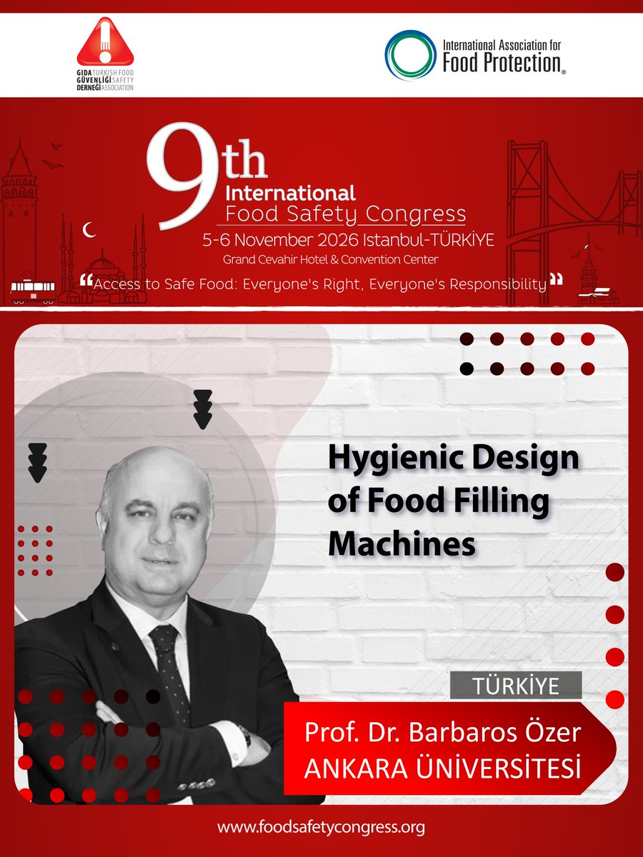GidaGuvenligi's tweet photo. Prof. Dr. Barbaros Özer, Chair of the Scientific Advisory Board of the Turkish Food Safety Association, will be at our congress with his presentation on "Hygienic Design of Food Filling Machines" a topic of critical importance to food safety.

📅 5-6 November 2026 | Istanbul https://t.co/JYxvLgpe0g