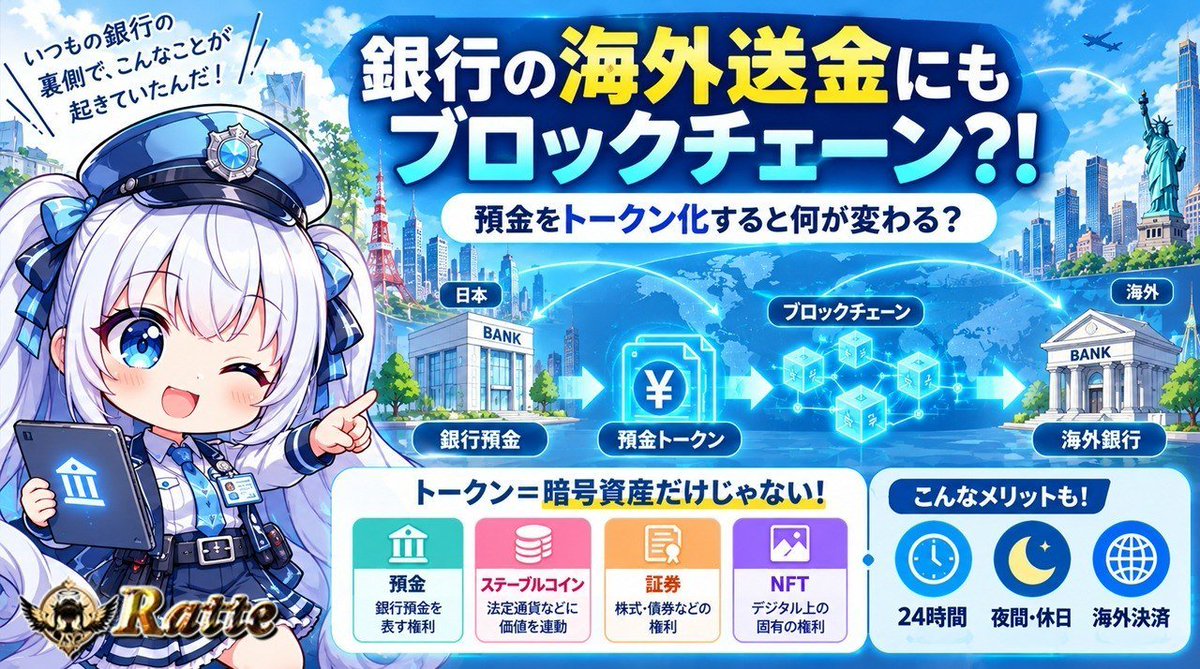 RatteGame's tweet photo. 🌠え、銀行の海外送金にブロックチェーンが?!🌠

まさに「え？こんなところにも？！」って感じでした！
ブロックチェーンって暗号資産のための技術だと思ってたけど、
もう普通の銀行🏦の送金の裏側に入ってきてるみたいですね🌏

米のCitiが、日本企業向けに「トークン化預金」を使った海外送金を年内にも始めるそうです。
外資系の金融機関としては初とのこと・・・！

🌈でも送金って、もうデジタルじゃないの？🌈
わたしも最初そう思いました。
たしかに銀行送金で現金を飛行機に積んで運んでるわけじゃない💰

・・・でもポイントは「お金のデジタル化」じゃないんですよね。

銀行預金を表す"権利"そのものをトークンにして、
チェーン上で直接動かす。だから24時間365日止まらない👀

🌈で、何が変わるの？🌈
✅ 夜間でも休日でも、その場で着金
✅ 「月曜の朝まで待ち」がなくなる
✅ 送金用の待機資金を減らせる

3つ目、地味だけど企業にはかなり大きそう。
海外送金のために口座に置きっぱなしにしてたお金が、そのまま使えるようになるので。

しかも利用する企業側は、いつもの送金画面で「トークンサービスを使う」を選ぶだけ。
ウォレットも暗号資産も要らないらしいです。裏側はCitiが全部持つ。

⚠️ただし勘違いしやすいので補足
これ、誰でも見られるパブリックチェーンではなく、
参加者が限定された許可型チェーンです。
対象も法人向けで、個人が使えるサービスではないみたいです。

「銀行がついにイーサに乗った！」みたいな話ではないので、そこは冷静に👀

とはいえ、気づいたら銀行サービスの裏側にブロックチェーンが入り始めてる。
Web3ってこういう形でも広がってくんだなと思いました🔑

📰 参考：CoinPost（2026/9/9）他
（参考URLはリプ欄）