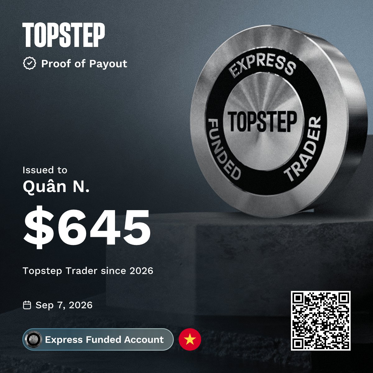 Screenshot posted by @qn310396 on X showing a first payout from a $50,000 Topstep funded account.