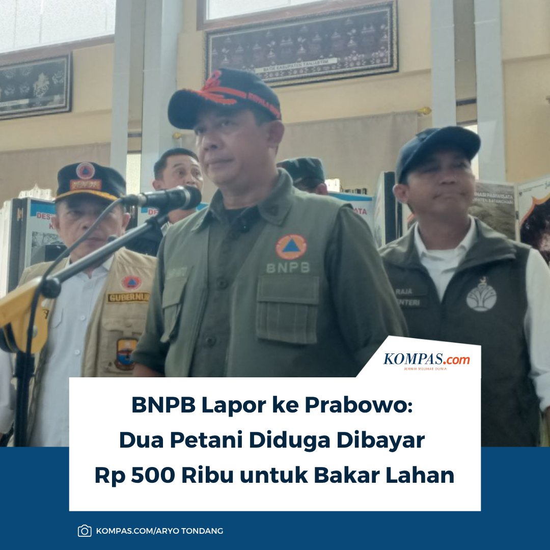 kompascom's tweet photo. Baca selengkapnya: https://t.co/mnsSPBCH5J

Dua petani di Jambi ditetapkan sebagai tersangka kasus karhutla. Dalam laporan kepada Presiden Prabowo Subianto, BNPB menyebut keduanya diduga disuruh membakar lahan dengan bayaran Rp 500 ribu. Namun, salah satu tersangka, T, membantahnya.

~MS #Karhutla #Jambi #BNPB