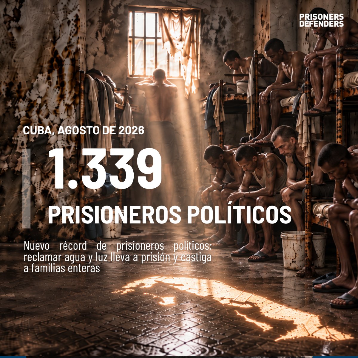 PrisonersDFNdrs's tweet photo. 🚨CUBA ALCANZA UN NUEVO RÉCORD: 1.339 PRESOS POLÍTICOS

Reclamar agua y electricidad, protestar pacíficamente, grabar a agentes estatales o denunciar abusos puede llevar a prisión y extender el castigo a familias enteras.

Al cierre de agosto de 2026, Prisoners Defenders documenta:

▪️ 19 nuevas incorporaciones en agosto
▪️ 281 en doce meses: la cifra más alta en tres años
▪️ 155 mujeres bajo condenas o medidas restrictivas por motivos políticos
▪️ 38 personas detenidas siendo menores; 14 siguen encarceladas
▪️ 463 presos con patologías médicas graves
▪️ 54 presos de conciencia con trastornos graves de salud mental sin atención adecuada

Madres separadas de sus hijos por denunciar la falta de agua y los apagones. Un adolescente de 16 años golpeado, enfermo de hepatitis y recluido con adultos peligrosos. Presos sometidos a trabajo forzoso, violencia y abandono médico.

Un enfermo de cáncer condenado a siete años, aún bajo fianza, afronta el regreso a prisión mientras necesita tratamiento.

La represión castiga a quienes denuncian y utiliza el sufrimiento de sus familias para silenciarlos.

🔎Casos, testimonios y cifras en el informe completo:
https://t.co/GSd7hVPQmX

#Cuba #PresosPolíticos #DerechosHumanos