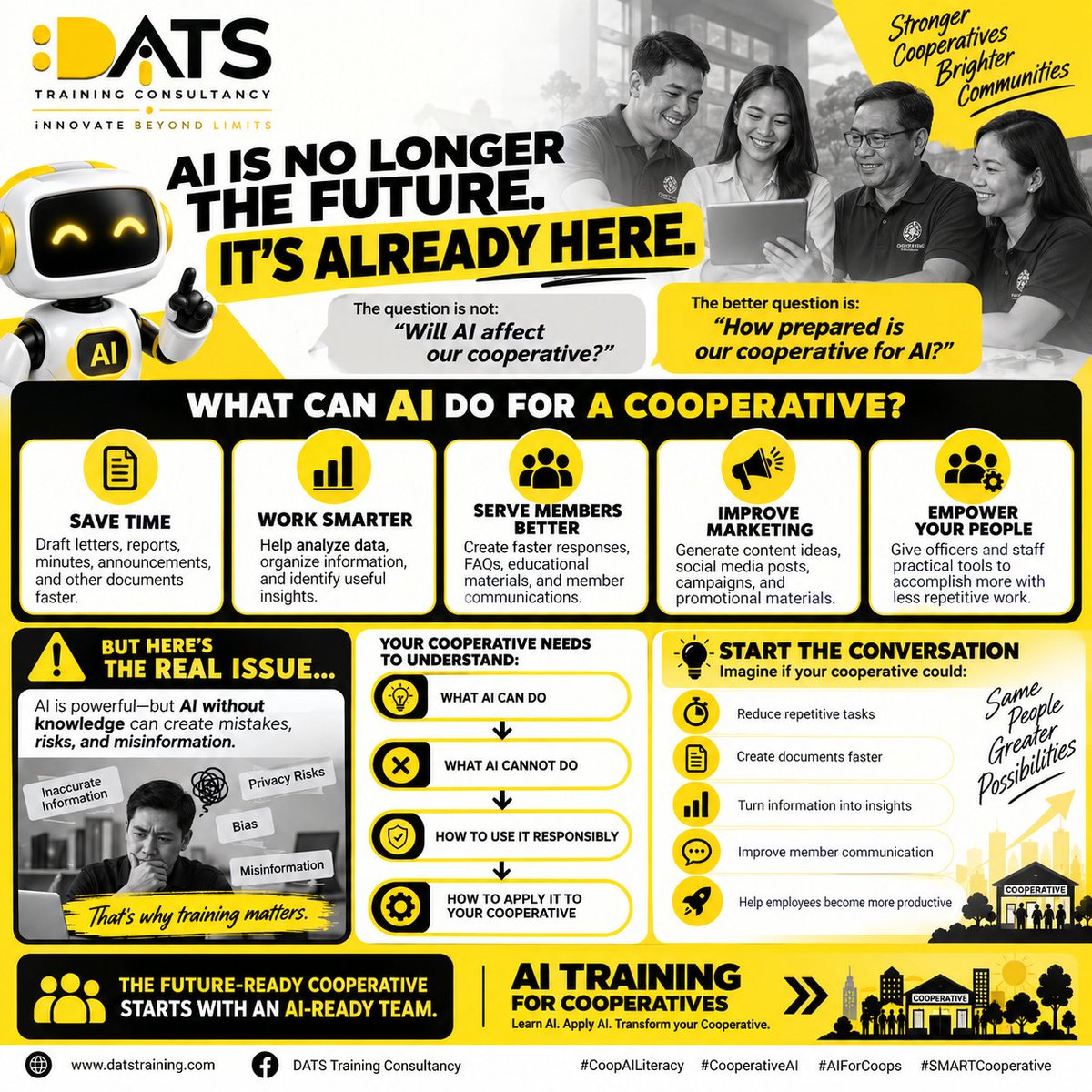 DATSTandC's tweet photo. 🤖 AI is no longer the future. It’s already here.

Is your cooperative ready?

Comment 👇
🟢 READY — already using AI
🟡 CURIOUS — want to learn
🔴 CONCERNED — have questions
Let’s start the AI conversation.
#CoopAILiteracy #AIForCoops #SMARTCooperative https://t.co/QAORbSAJtr
