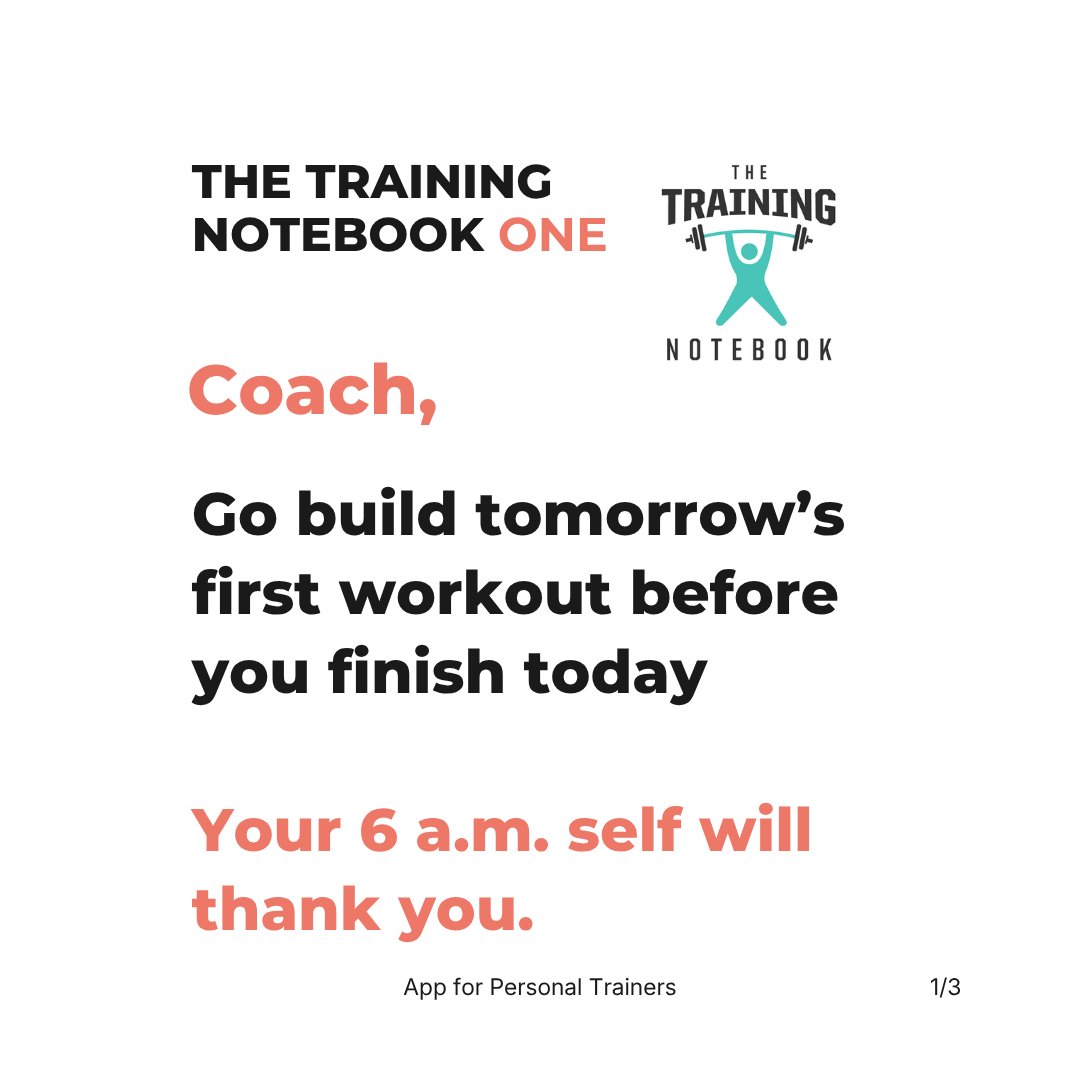 T_Notebook's tweet photo. Personal trainers, the best time to build tomorrow's first workout is tonight, before you leave the gym.

The exercises are in your head right now. Put them in the app while they're there, and 6am you walks in with a plan instead of a coffee and a guess.

Coming soon! https://t.co/D8qVASMQii