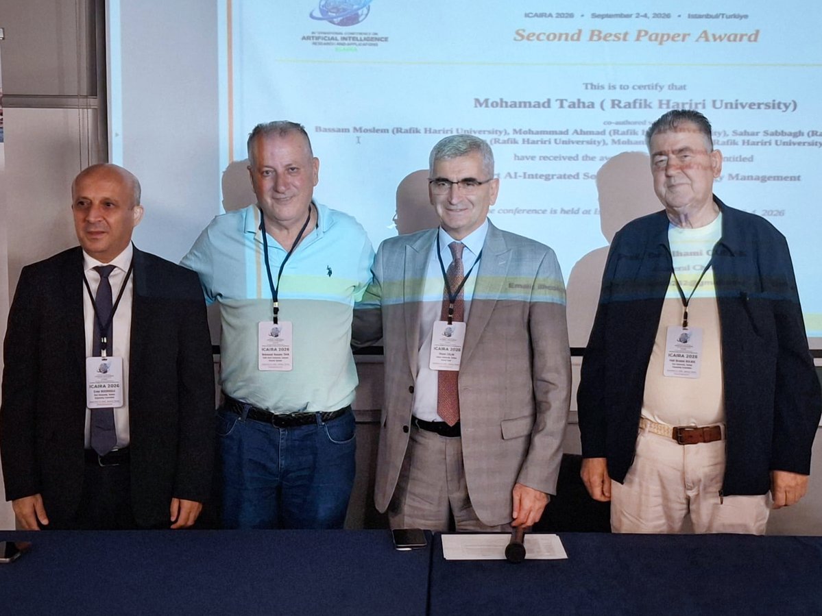 RHU_Lebanon's tweet photo. #RHU wins the Second Best Paper Award at #ICAIRA2026! Our research team was recognized for “Smart AI-Integrated Solar Inverter for Energy Management,” highlighting RHU’s commitment to #AIresearch, innovation, and #sustainable energy solutions. Congratulations! #RHUResearch https://t.co/ek9Sxi5izY