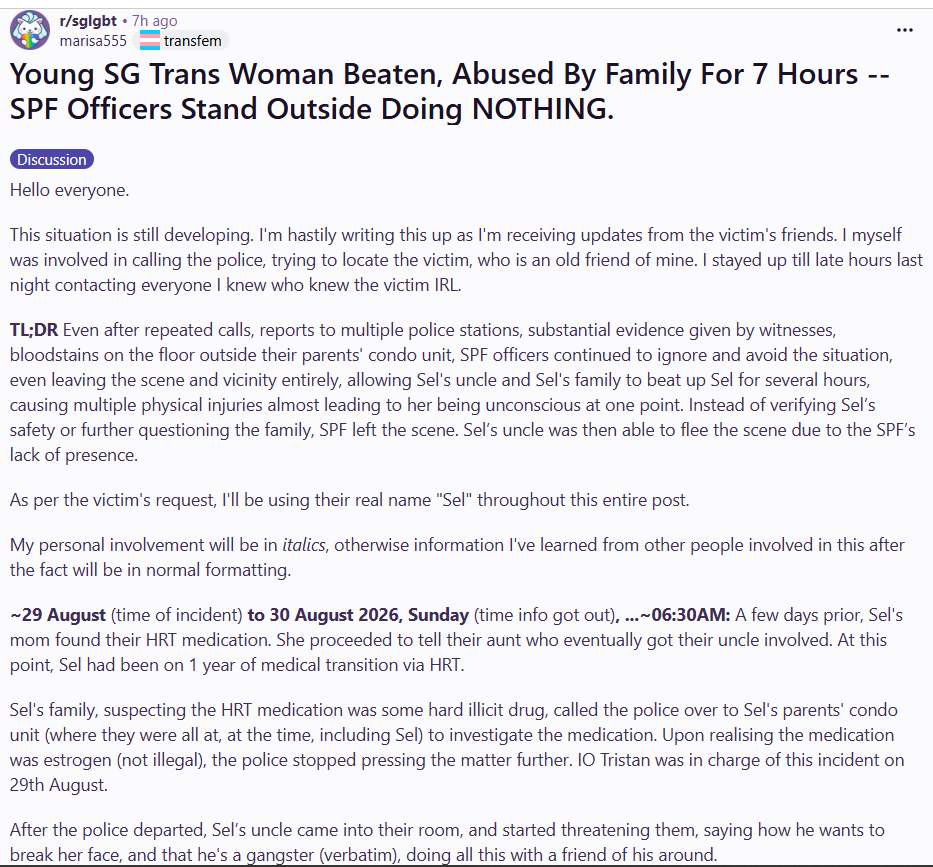 omyhangu's tweet photo. (cw: domestic violence, violence against trans people in SG)

hello people, a young trans woman in SG named Sel was snitched to the Police by her own family for having HRT medication on hand. she was also abused by her uncle and mother. please share, &amp; write to your MPs on this! https://t.co/j2cRiba1RL