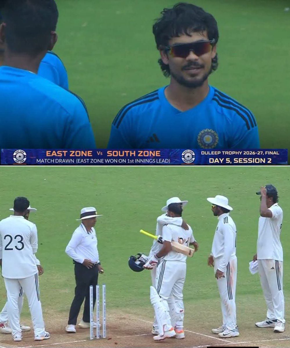 Realankitdave's tweet photo. The Duleep Trophy 2026 Final between East Zone and South Zone ends in a draw! 🤍🤝

@ishankishan51 led East Zone to the title after securing a first-innings lead in the final! 🏆📸

#DuleepTrophy #Chennai #Final #cricketlovers #cricket https://t.co/xUT715AngZ