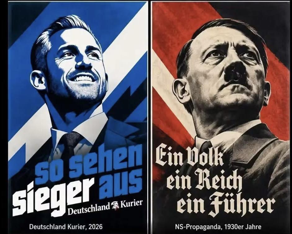 JT_Voermann's tweet photo. Heldenpose, Blick nach oben, Fahne im Rücken, Sieger-Pathos. Diese Bildsprache ist nicht zufällig ähnlich, die ist zitiert. Und in der Redaktion ist offenbar niemandem was aufgefallen. https://t.co/LF2AUDlnMA