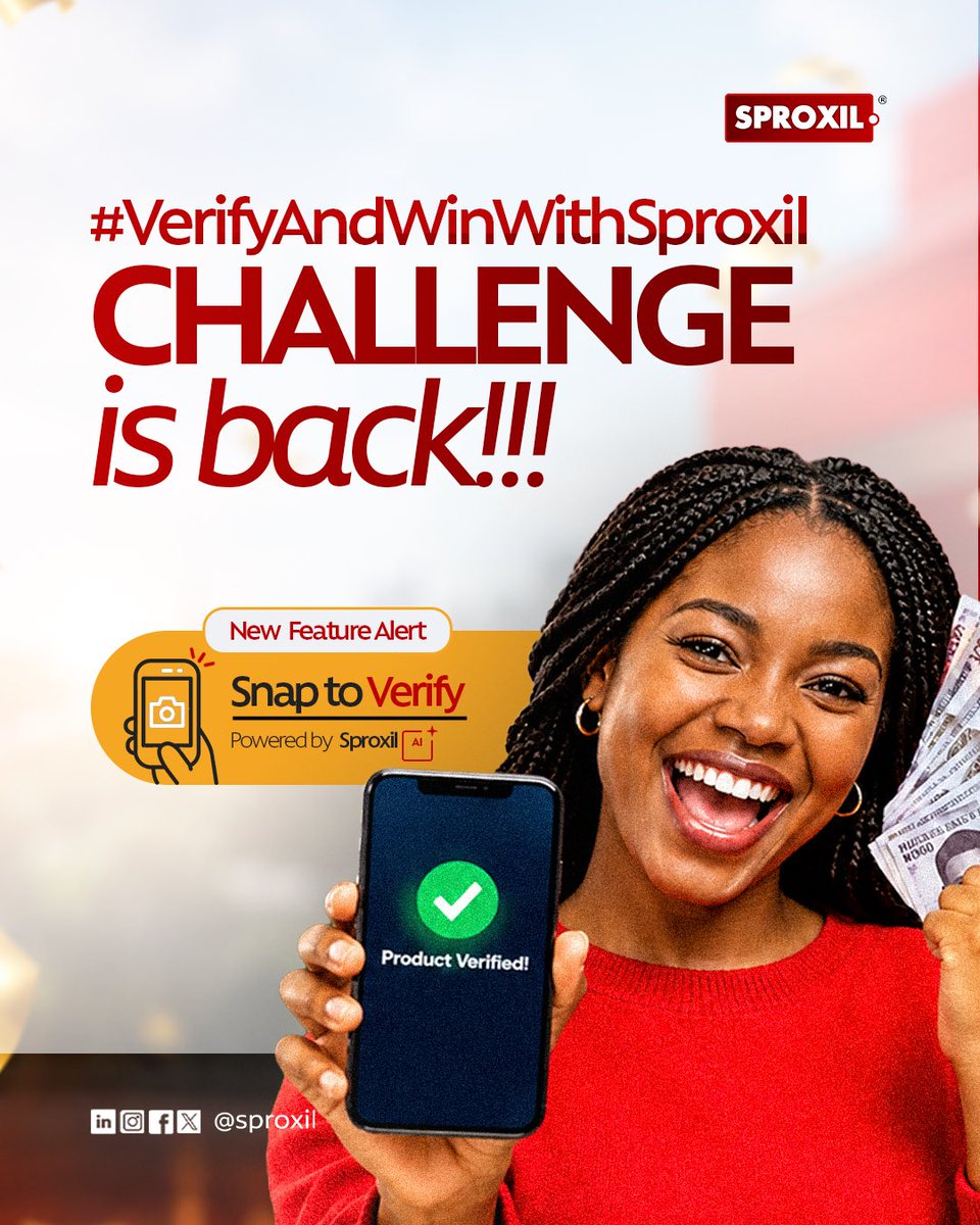 sproxil's tweet photo. NEW FEATURE ALERT π¨
Say hello to Snap to Verify, powered by Sproxil AI.
No more typing long PINs.
Just:
πΈ Snap the Sproxil label
π€ Let Sproxil AI read the PIN
β
Get your verification result on WhatsApp
And thereβs moreβ¦
The #VerifyAndWinWithSproxil Challenge is BACK! π
Be among the first 40 qualified participants to win from our β¦200,000 cash pool.
Follow us on LinkedIn, X, Instagram and Facebook, buy a product with a Sproxil verification label, snap, verify on WhatsApp, post and tag us.
Follow. Snap. Verify. Win. π°
#VerifyAndWinWithSproxil #SproxilAI #SnapToVerify #Sproxil #ProductVerification #AI #ConsumerSafety #WinWithSproxil