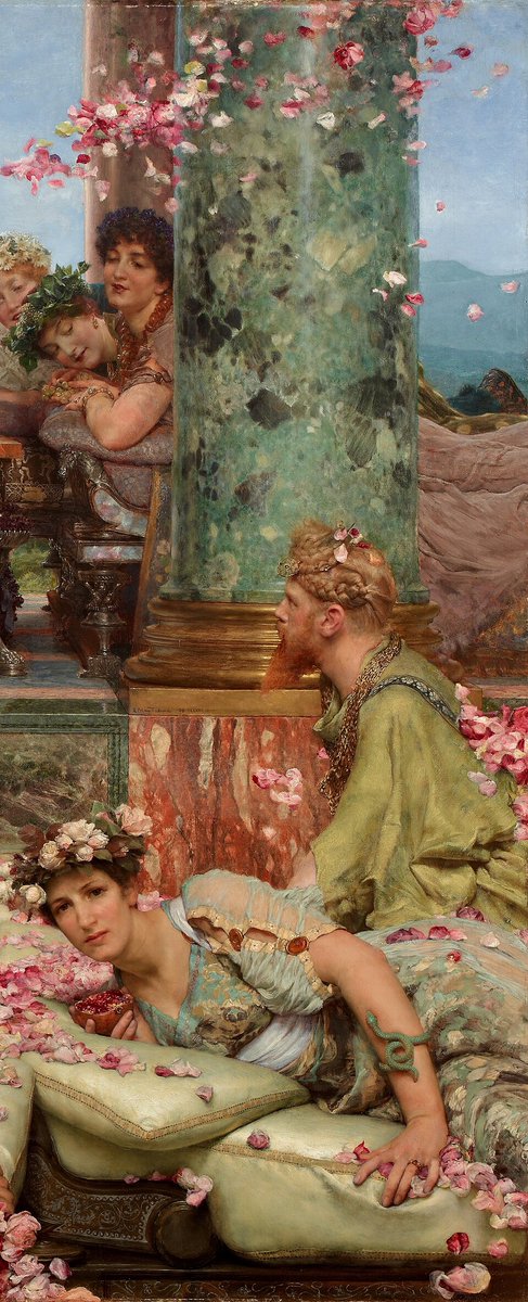 Estetism_jp's tweet photo. ローレンス・アルマ＝タデマ《ヘリオガバルスの薔薇》（1888年）

女装癖などの倒錯的な逸話で知られるローマ皇帝ヘリオガバルス。宴会では、客人を大量の薔薇で埋めて窒息死させ、その様を眺めて楽しんだとも。薔薇の花びらひとつひとつまでが精緻に描かれ、その写実的かつ超現実的な表現は圧倒的。 https://t.co/IL0p06Oqx2