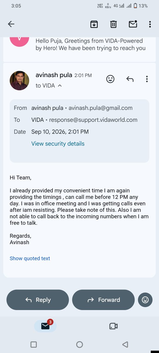 noelrover's tweet photo. @VidaDotWorld @heromotocorp @vidadotwold  are you uneducated? Don't you know how to read a mail? I asked you to call me before 12 PM any day but from past 2 days you are calling me in my non preferred time that to calling continuously even I am rejecting. https://t.co/OKzRpoGlKJ