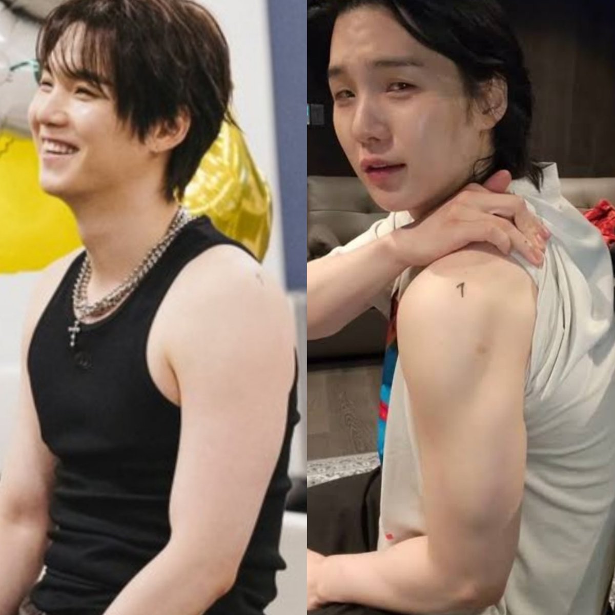 sakinayoongi's tweet photo. After 3 whole years we're finally seeing his 7 tattoo right above his shoulder surgery scar again I'm actually in tears 😭 https://t.co/cwgbgEvIez