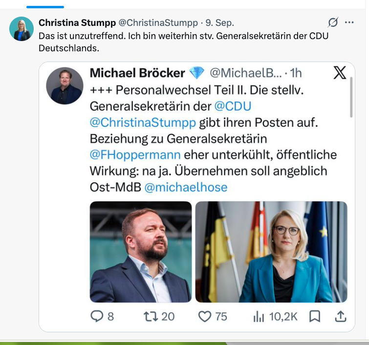 robinalexander_'s tweet photo. (5/9) Deshalb konnte Stumpp auch den Bericht des Kollegen Bröcker dementieren (s. Screenshot). Sie gibt ihren Posten ja gerade nicht auf. Jedenfalls bisher. https://t.co/11zUkBdgMm