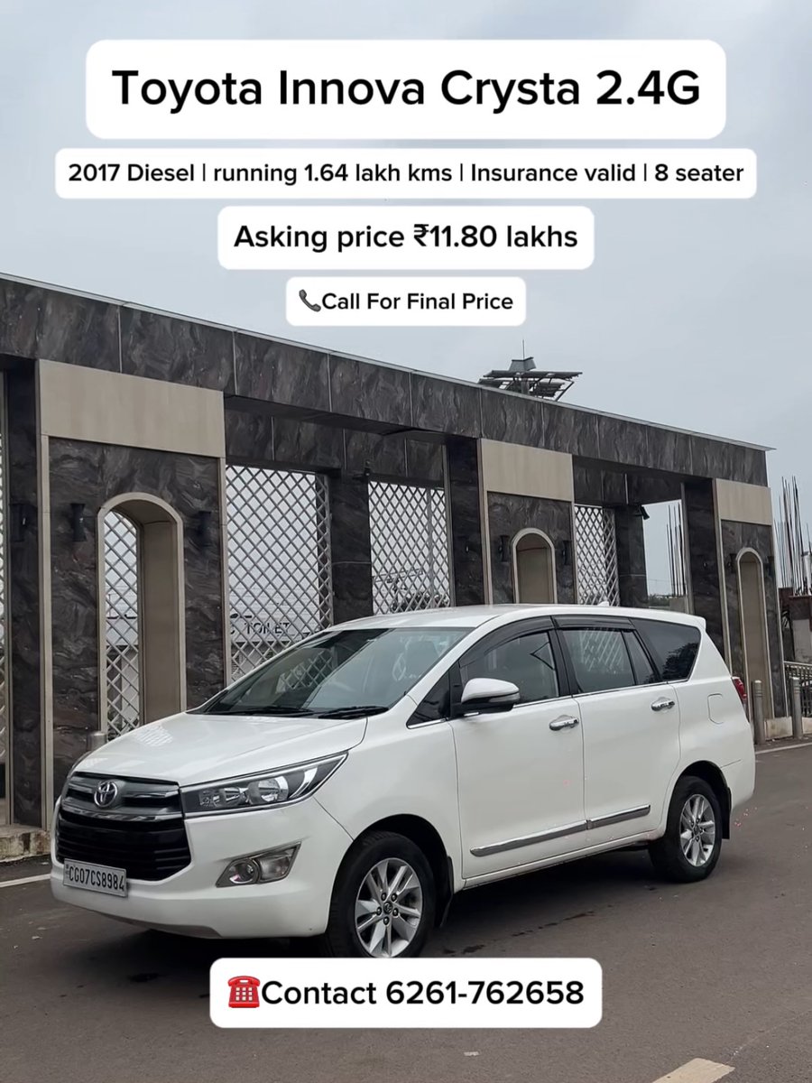 EddaTimonajn's tweet photo. Innova Crysta 2. 4 G 
8-seater model 
2017 diesel 
2nd owner 
164, 000 km driven 
Insurance valid 
Asking price: 11. 80 lakh https://t.co/isOpxoRaVM