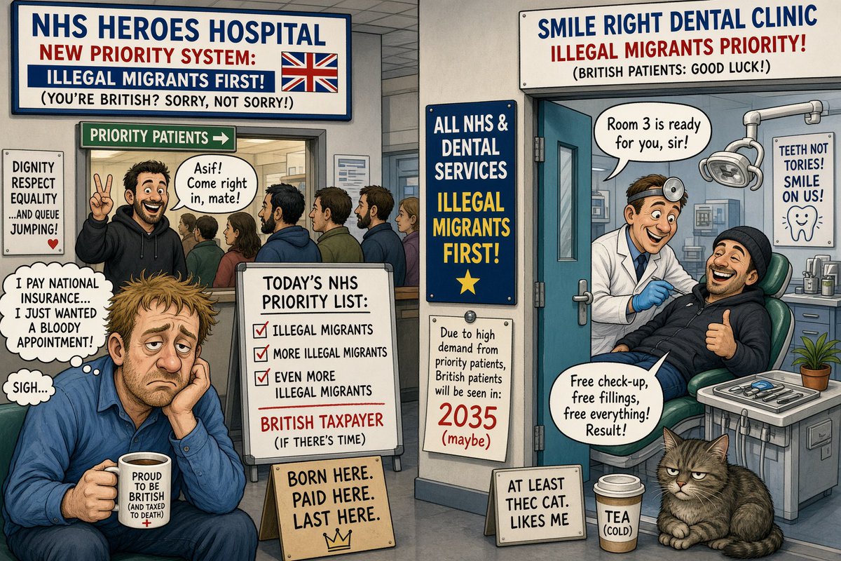 TChugster's tweet photo. We have all been there. You wake up feeling unwell and try to get an appointment, at your local village GP and find there is a six month waiting list.

There is only 350 people in your village, but the government just dumped 3510 illegal aliens in your community and now you can’t get access to local services for love nor money.

Thats why Communist Andy is introducing Second Class for you. You can go to your pharmacy whilst the illegals get priority to your local doctor. 

Got undiagnosed cancer, don’t worry your pharmacist is good, but not that good, but he does have a range of products to mask the symptoms while your new neighbours get oncology appointments.

Need dental treatment? Second Class means you can call NHS 111 to be told there is no NHS dentists in your area and the single private BUPA dentist is now doing business with the camp housing your new neighbours as the government covers their dental expenses in full. Have you tried pliers?

Yes Second Class is so you recognise that you are now considered by Communist Andy and his government of cronies as second class citizens in your own country. Yes Second Class because they hate you.