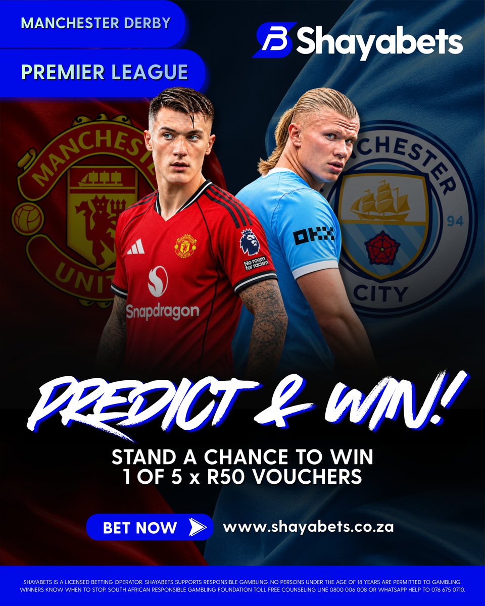 Shayabets's tweet photo. ⚽🔥 THE MANCHESTER DERBY IS HERE! 🔥⚽

MAN UNITED 🆚 MAN CITY
📅 Sunday, 13 September ⏰ 5:30PM

🎯 PREDICT THE SCORE & STAND A CHANCE TO WIN!

Tag 3 friends and comment your score prediction below for your chance to win 1 of 5 × R50 vouchers credited to your ShayaBets account! 🎁

One city. Two giants. One massive Premier League showdown. 💥

Place your bet with Shaya 👉🏽 https://t.co/6paVtftyIt

🔞 T&Cs apply.

#ShayaBets #SportsBetting #PremierLeague #ManchesterDerby #SoccerBetting
