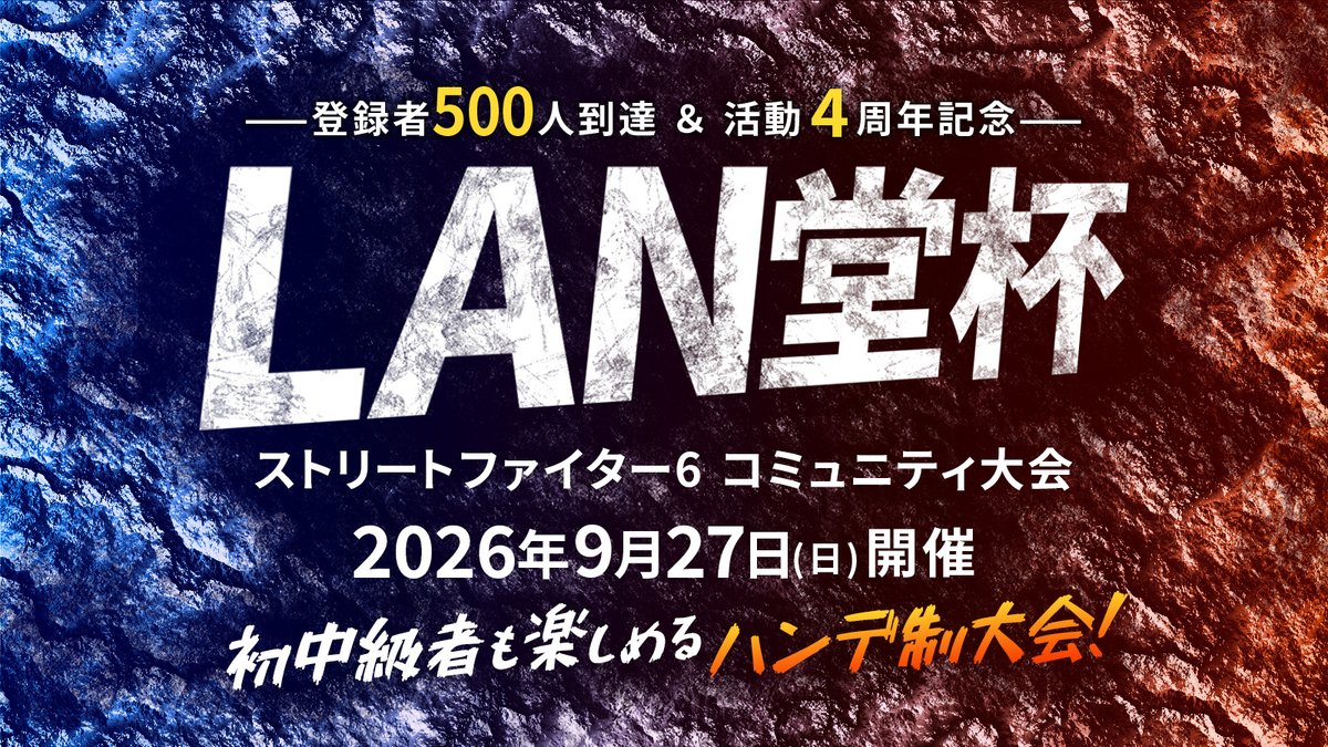 LANdou257's tweet photo. 【スト6大会 参加者募集！】

チャンネル登録者500人到達＆活動4周年を記念して
「LAN堂杯」を開催します！
初中級者の方にも楽しんでもらえるよう、
 ランク差に応じたハンデ制を採用したオンライン大会です！

📅 9/27（日）13:30～
👥 定員16名・先着順
📝 募集期間：9/10～9/24
💰 参加費無料・賞品なし
▼詳細・エントリー
https://t.co/JdYkBbiRh5

#スト6 #LAN堂杯