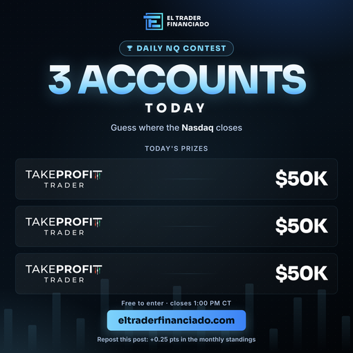 ElTraderFinan's tweet photo. 🏆 3 TakeProfit Trader $50K accounts up for grabs today.

Guess where the Nasdaq (NQ) closes. Closest prediction wins.

Free to enter · closes 1:00 PM CT

🔁 Repost = +0.25 pts in the monthly standings (you also need to submit a prediction today)

https://t.co/TWsAXQtqzR https://t.co/PJrjCIIx3B