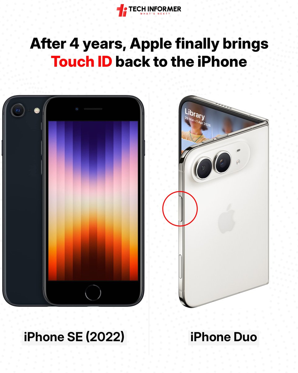 Tech_Informer_'s tweet photo. Touch ID is finally back!
After 4 years, Apple brings Touch ID back to the iPhone with the new iPhone Duo. Would you prefer Touch ID over Face ID?
#Techinformer #Apple #iPhoneDuo #iPhone #TouchID https://t.co/fyaONtnMhj