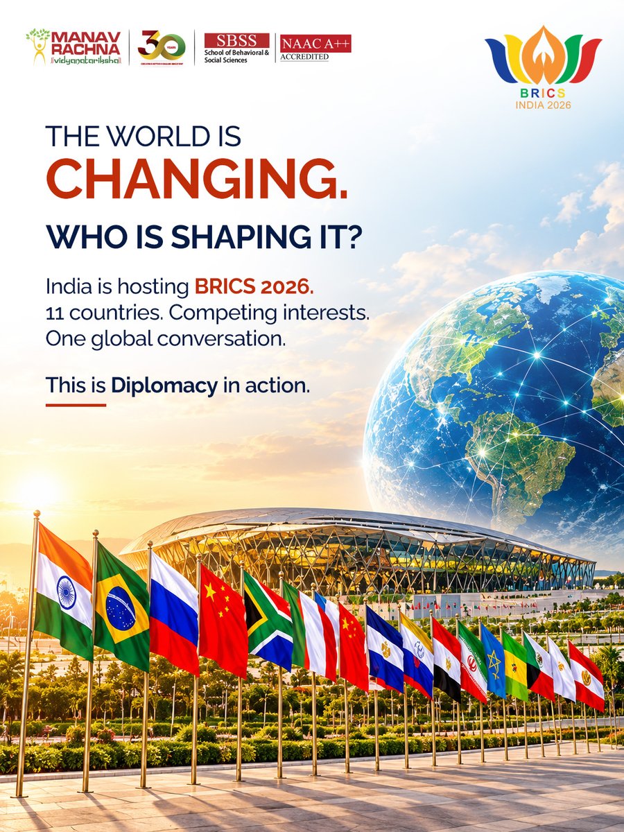 manav_rachna's tweet photo. India will host the 18th BRICS Summit in New Delhi, on September 12–13, bringing together leaders from member and partner countries and outreach invitees.

As India takes the BRICS Chairship for 2026, conversations will centre on cooperation, global priorities and the challenges shaping an increasingly complex world.

For a Political Science student, this is more than a headline. It’s a chance to see power, diplomacy, foreign policy, alliances and global decision-making play out in real time.

Because when you understand politics,
 you don’t just watch the world change. You understand what moves it.

Discover Political Science | Understand Power. Decode the World.

#PoliticalScience #BRICS2026 #InternationalRelations #Geopolitics #ManavRachna