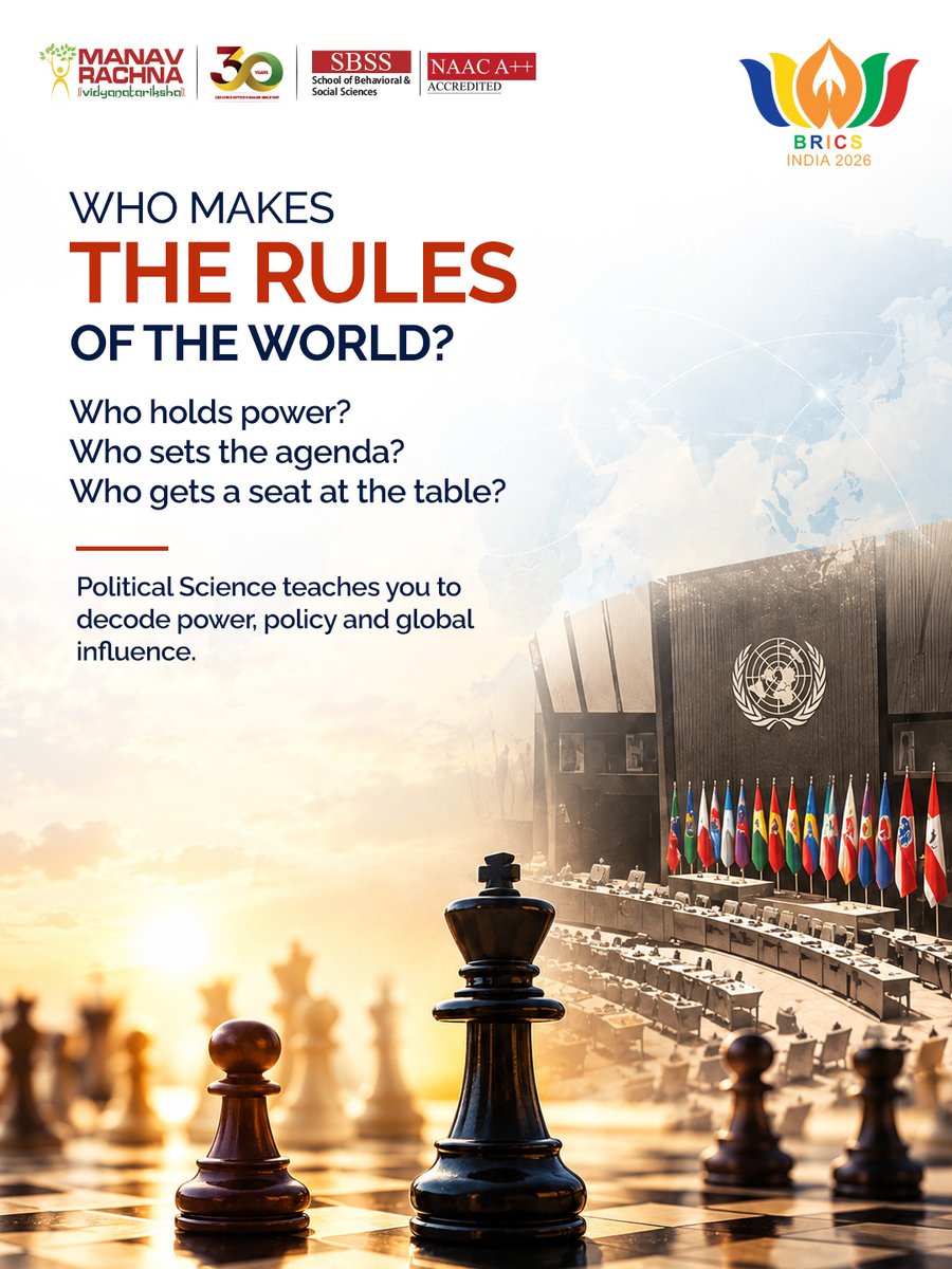 manav_rachna's tweet photo. India will host the 18th BRICS Summit in New Delhi, on September 12–13, bringing together leaders from member and partner countries and outreach invitees.

As India takes the BRICS Chairship for 2026, conversations will centre on cooperation, global priorities and the challenges shaping an increasingly complex world.

For a Political Science student, this is more than a headline. It’s a chance to see power, diplomacy, foreign policy, alliances and global decision-making play out in real time.

Because when you understand politics,
 you don’t just watch the world change. You understand what moves it.

Discover Political Science | Understand Power. Decode the World.

#PoliticalScience #BRICS2026 #InternationalRelations #Geopolitics #ManavRachna