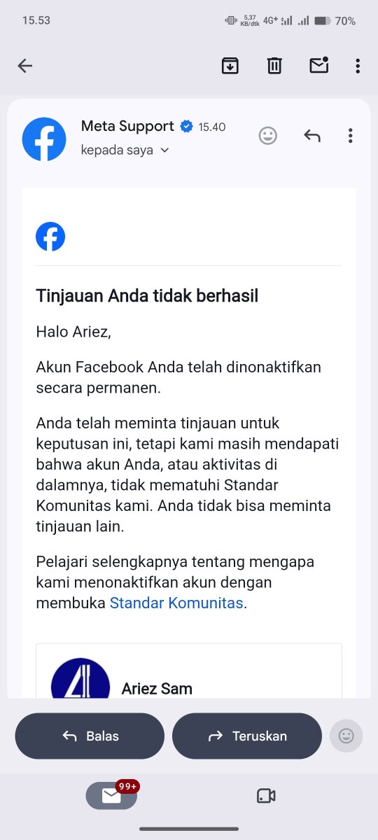 ariezsam's tweet photo. @finkd Why has my Facebook account been suspended when I haven't done anything wrong? I’ve been using FB since 2009, only to suddenly face this situation. I also can't download the data I've accumulated over 16 years; so many memories are being lost simply because an AI misidentified. https://t.co/GyexqvJr16