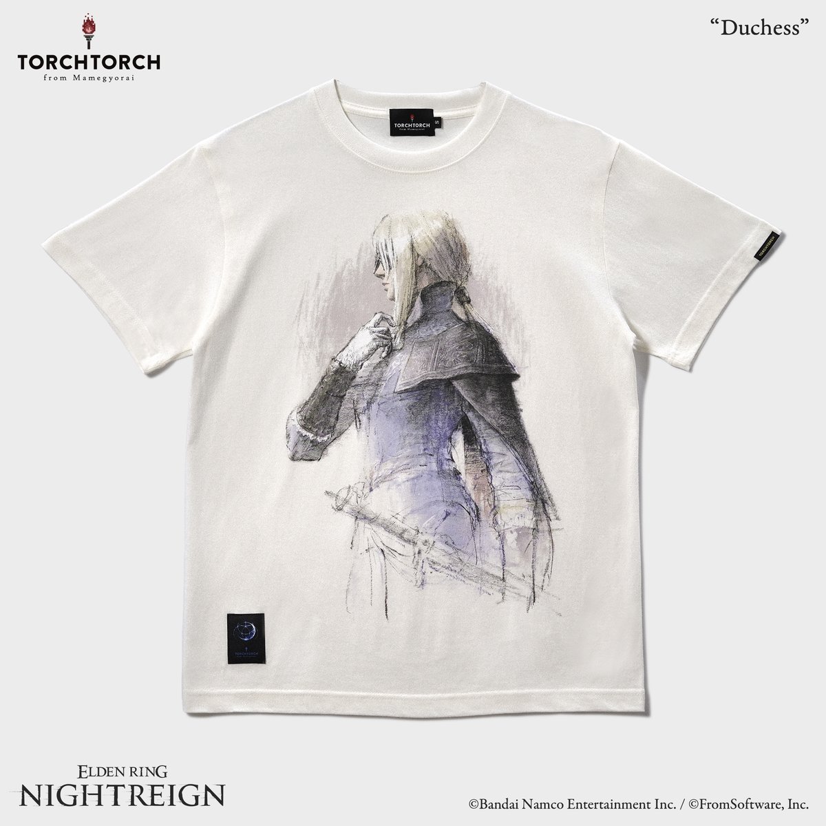 torchtorch_jp's tweet photo. 【TGS2026 新作先行販売】
『ELDEN RING NIGHTREIGN』より、「レディ」のTシャツが登場です。画家・青木薫氏による描き下ろしアートを、バニラホワイトは9版に及ぶシルクスクリーン、ブラックは業界最高峰の8色顔料プリンターで表現しました。後日の一般販売に先駆け、会場にて先行販売いたします。 https://t.co/CaNDGL9ZsY