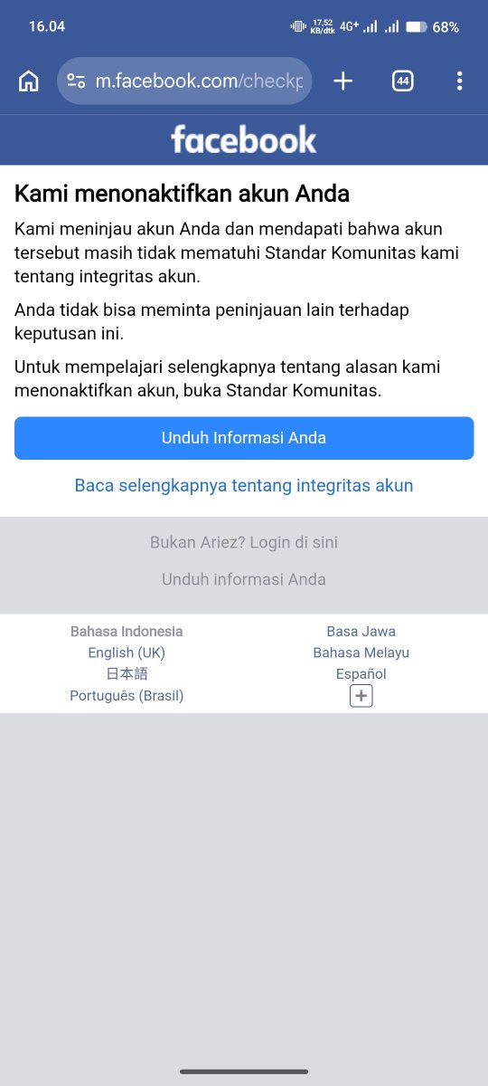 ariezsam's tweet photo. @Meta Why has my Facebook account been suspended when I haven't done anything wrong? I’ve been using FB since 2009, only to suddenly face this situation. I also can't download the data I've accumulated over 16 years; so many memories are being lost simply because an AI misidentified. https://t.co/TpjKzaP8mb