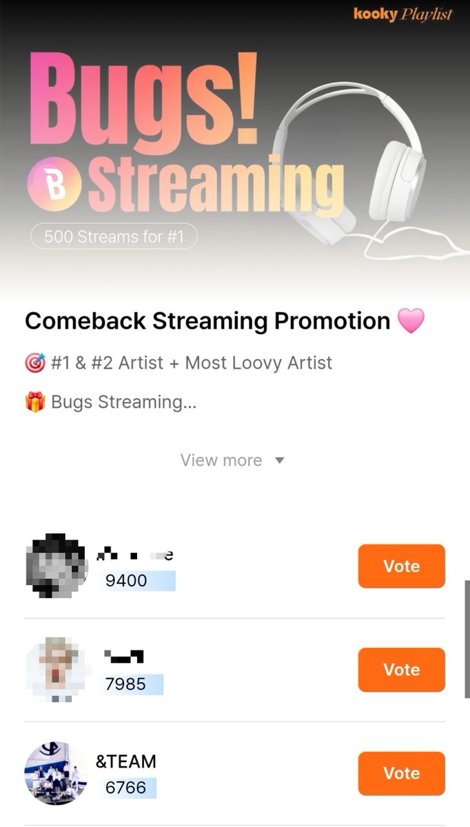 andTEAMvotingFB's tweet photo. 🔄 KOOKY - BUGS POLL VOTING REMINDER 🚨
[ 9/10 | 06:47 PM KST ] 🔔

Please give time to vote here Luné!

🏆 BUGS STREAM COUNTS

🥇**** *** 1- 9400 votes
🥉#andTEAM - 6766 (2634 votes behind)

📅 ENDS: 09/14 MON - 10:00 AM KST

🔗 https://t.co/nuqt0ga0D4

#LUNÉ_voting https://t.co/S9t8HVR2U2