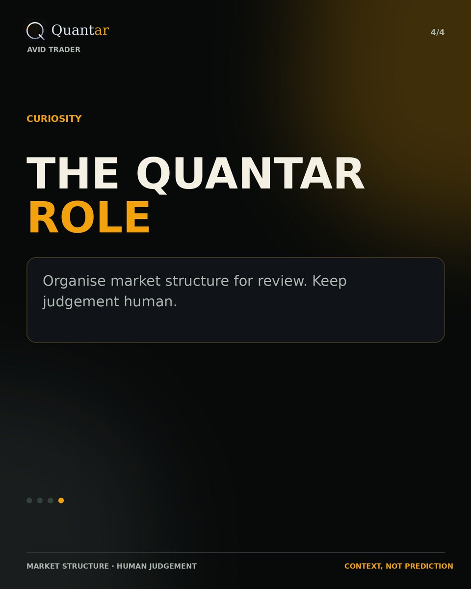 QuantarHQ's tweet photo. The aim is consistent awareness, not constant reaction. Quantar is designed to organise market structure for inspection without turning a tool into a prediction machine. What evidence makes a new part of your process worth keeping? https://t.co/4qt7ANDfIm