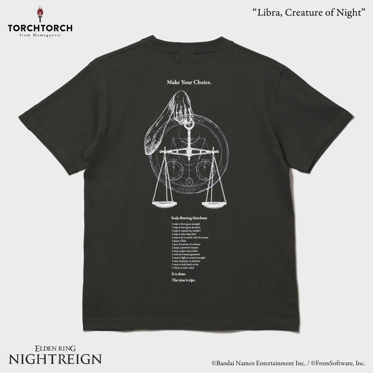torchtorch_jp's tweet photo. 【TGS2026 新作先行販売】
『ELDEN RING NIGHTREIGN』より「夜の魔、リブラ」のTシャツが登場。前後に配置されたアートは、イラストレーター・Pisha氏による描き下ろし。背面に並んだ取引条件やジェルインクを使用した紋章も見どころです。後日の一般販売に先駆け、会場にて先行販売いたします。 https://t.co/QQYKFTuyQH