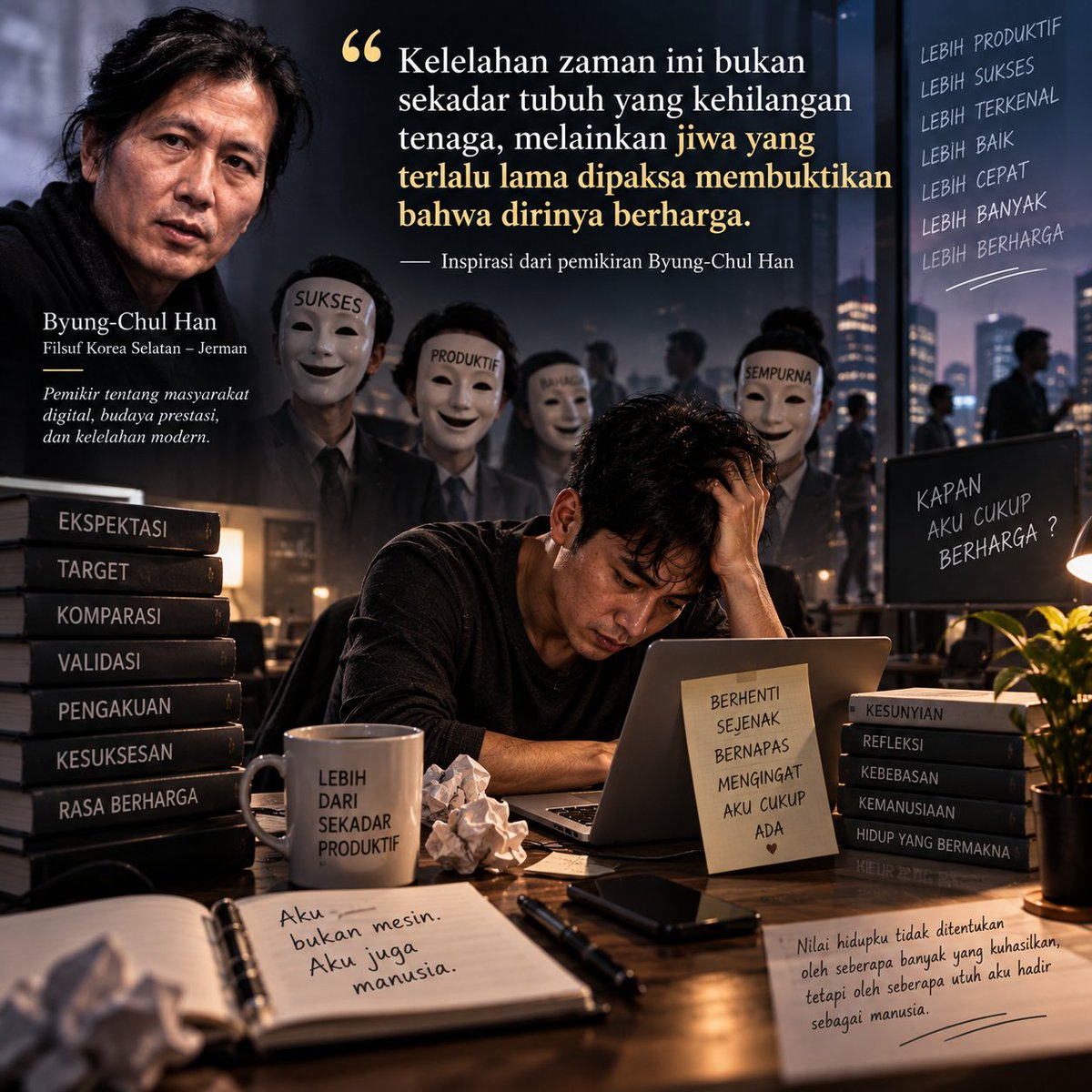 pormadi's tweet photo. Inspirasi dari Byung-Chul Han:

Kelelahan zaman ini bukan sekadar tubuh yang kehilangan tenaga, melainkan jiwa yang terlalu lama dipaksa membuktikan bahwa dirinya berharga.
#masyarakatlelah #byungchulhan #eradigital https://t.co/4EAjnVtDXf