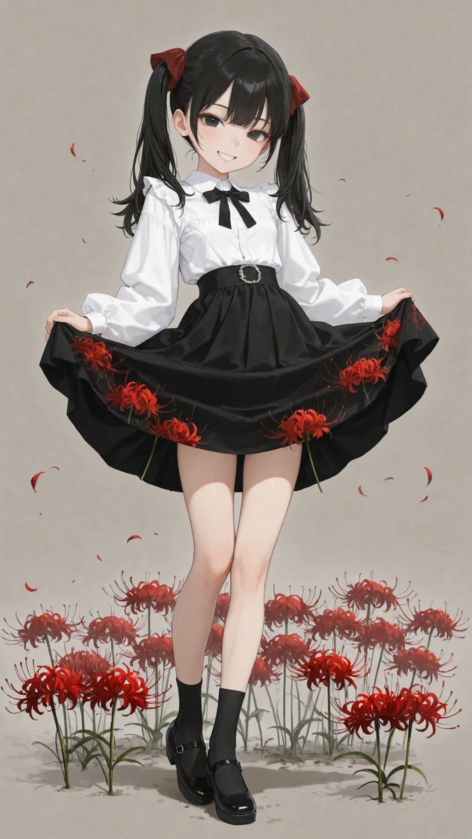 AliceLavli's tweet photo. 白いブラウスに彼岸花のスカートのコーデをどうぞ✨
outfit only, strict garment structure, strict color placement, separate pure-white blouse and black floral maxi skirt, pure-white lightweight blouse with a small pointed collar, loose elbow-length sleeves, dark charcoal narrow ribbon bow at the collar, symmetrical deep-crimson embroidery restricted to both upper chest panels, blouse tucked into the skirt, solid black high-waisted ankle-length A-line skirt, wide fitted black waistband with one ornate antique-silver floral buckle centered at the front, smooth upper skirt with broad vertical folds, unmistakable deep-crimson Japanese red spider lilies printed across the lower half of the skirt, each spider lily has six narrow backward-curving petals and many long radiating curled stamens, dense clusters of clearly recognizable red spider-lily blossoms and slender curling stems encircling the entire hem, large distinct flowers rather than abstract floral patterns, sparse spider lilies rising from the hem toward the knees, black lace ankle socks, black platform Mary Jane shoes, fair porcelain skin with a cool pale undertone