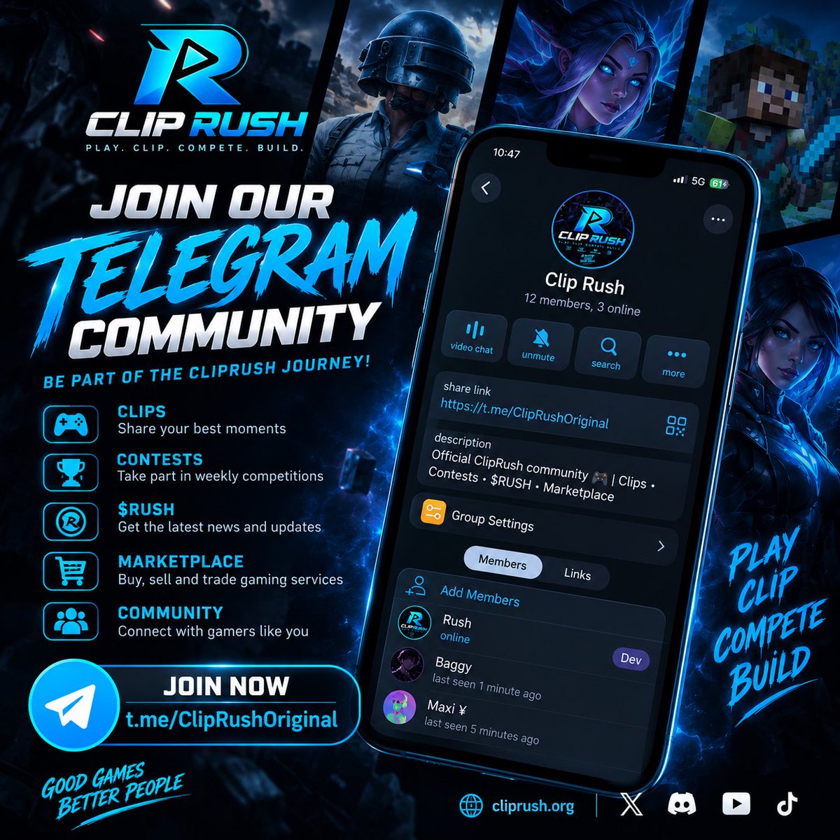 ClipRushGaming's tweet photo. 🎮 ClipRush Telegram is officially LIVE!

We’re building more than a platform — we’re building a community around gaming, competition and the growing $RUSH ecosystem.

Join early and be part of the journey:
🎬 Share gaming clips
🏆 Follow competitions
⚡ Get $RUSH & development updates
🛒 Discuss the ClipRush Marketplace
💬 Connect directly with the community

We’re just getting started. 🚀

👇 Join the official Telegram:
https://t.co/Lpd4UmXppW

🌐 https://t.co/zTPtnM89Me

#Solana #Gaming #Launching #ClipRush #RUSH